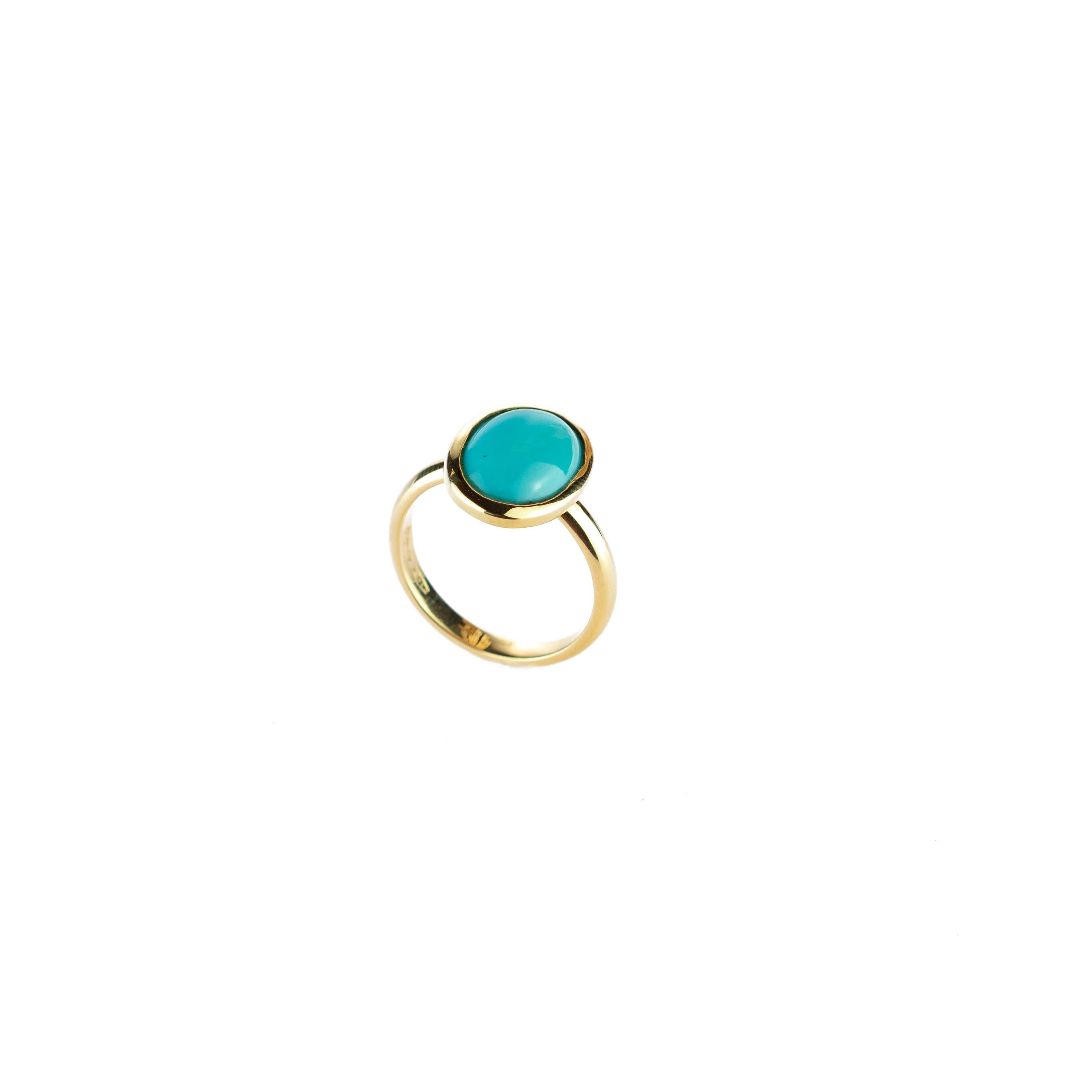 Magnificent ring with an exceptional art work, outstanding display of color and Italian craftsmanship designed by Intini Jewels. This unique ring has a natural oval turquoise over a 18 karat yellow gold cocktail design.
 
This ring represents the