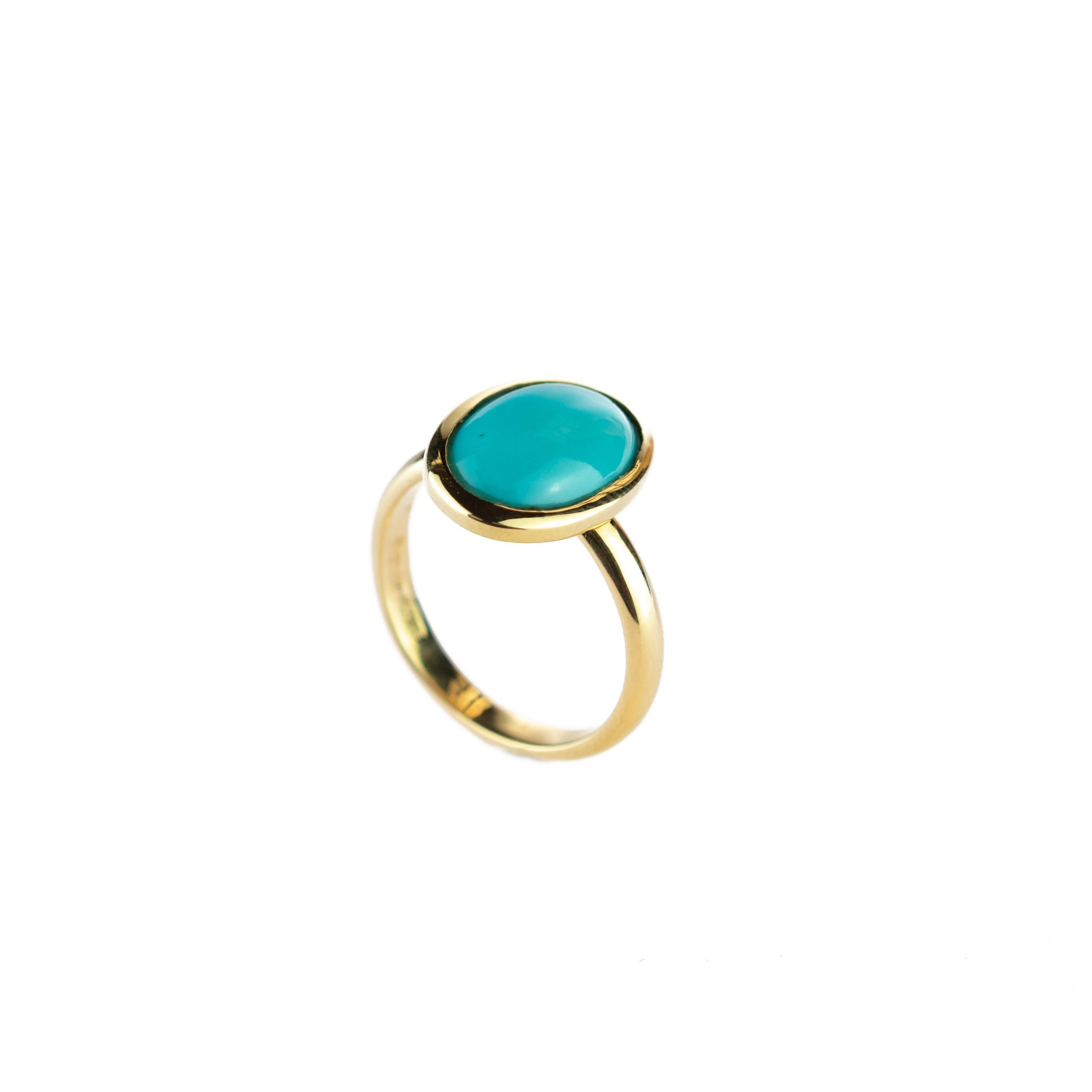 18 Karat Yellow Gold Natural Turquoise Oval Cabochon Solitaire Cocktail Ring In New Condition In Milano, IT