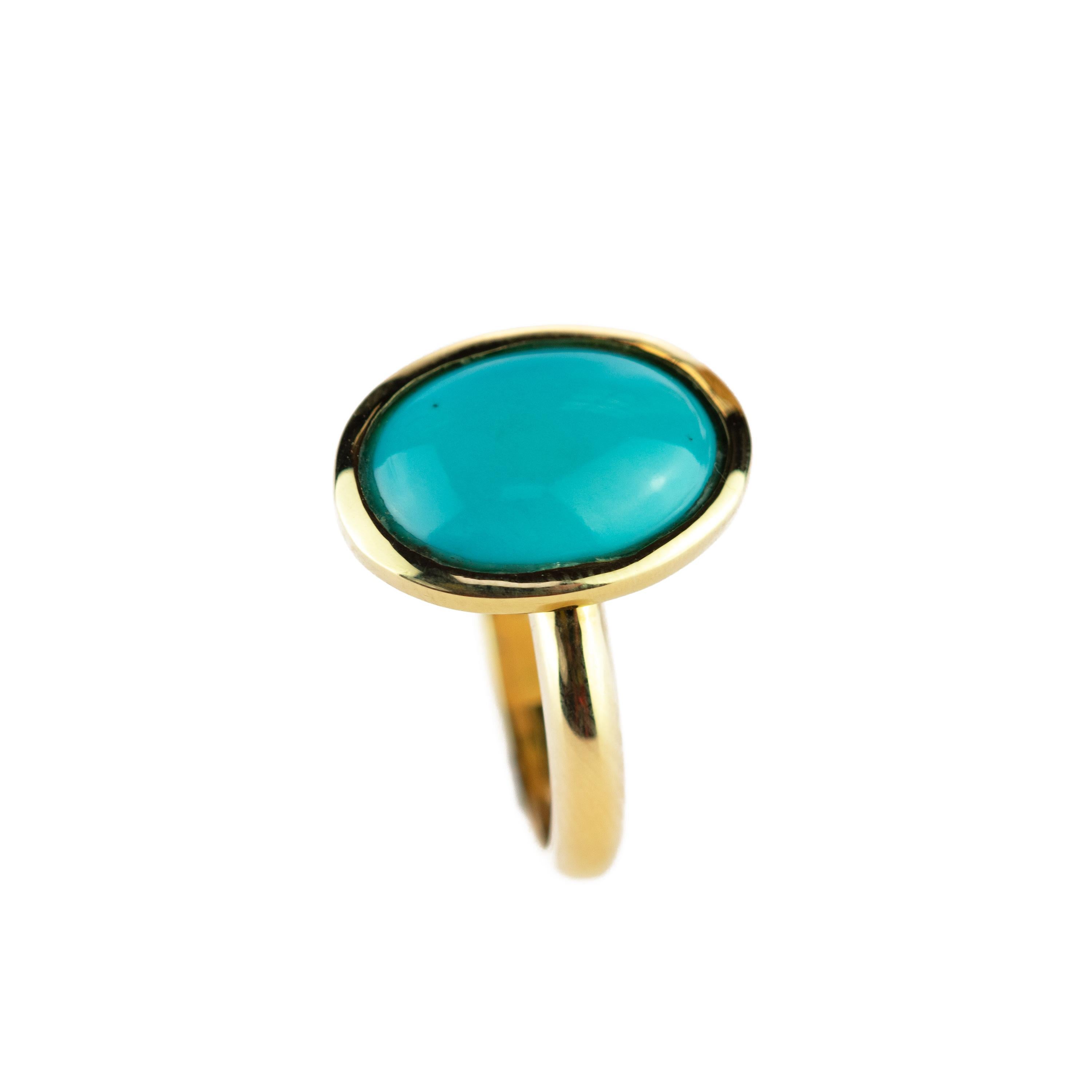 Women's 18 Karat Yellow Gold Natural Turquoise Oval Cabochon Solitaire Cocktail Ring