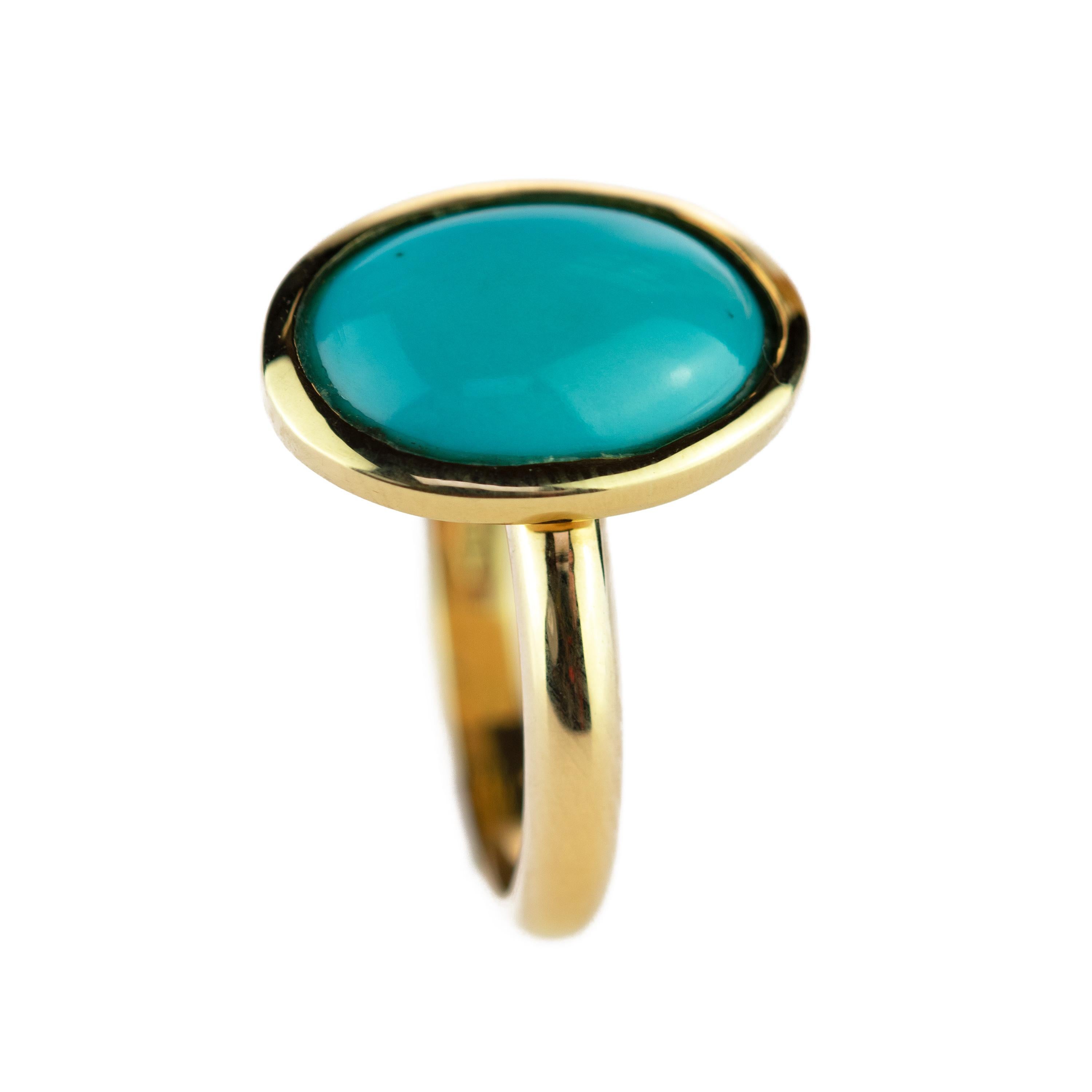 18 Karat Yellow Gold Natural Turquoise Oval Cabochon Solitaire Cocktail Ring 1