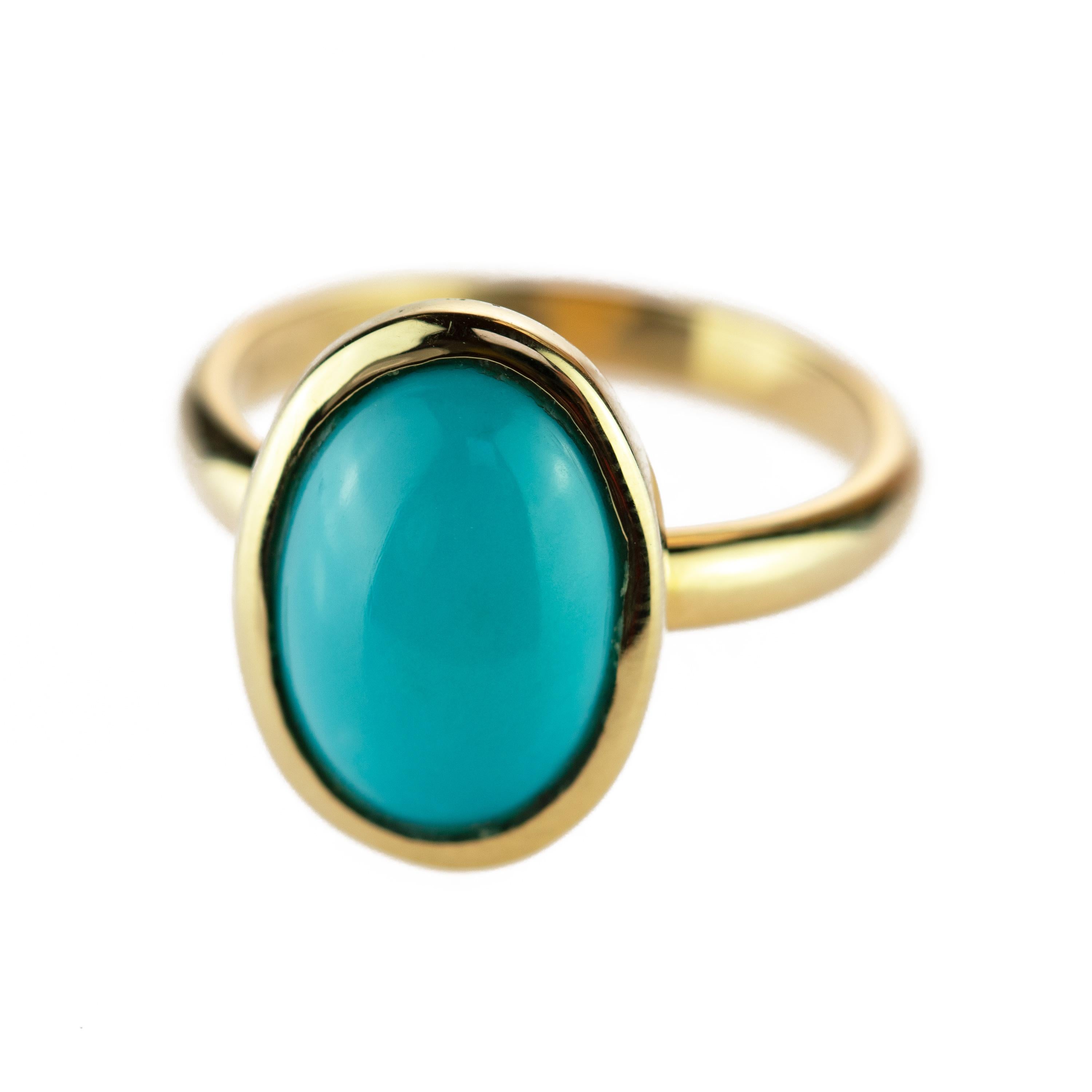 18 Karat Yellow Gold Natural Turquoise Oval Cabochon Solitaire Cocktail Ring 2