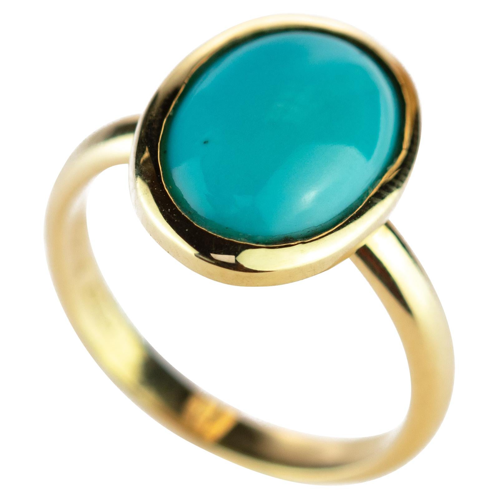 18 Karat Yellow Gold Natural Turquoise Oval Cabochon Solitaire Cocktail Ring
