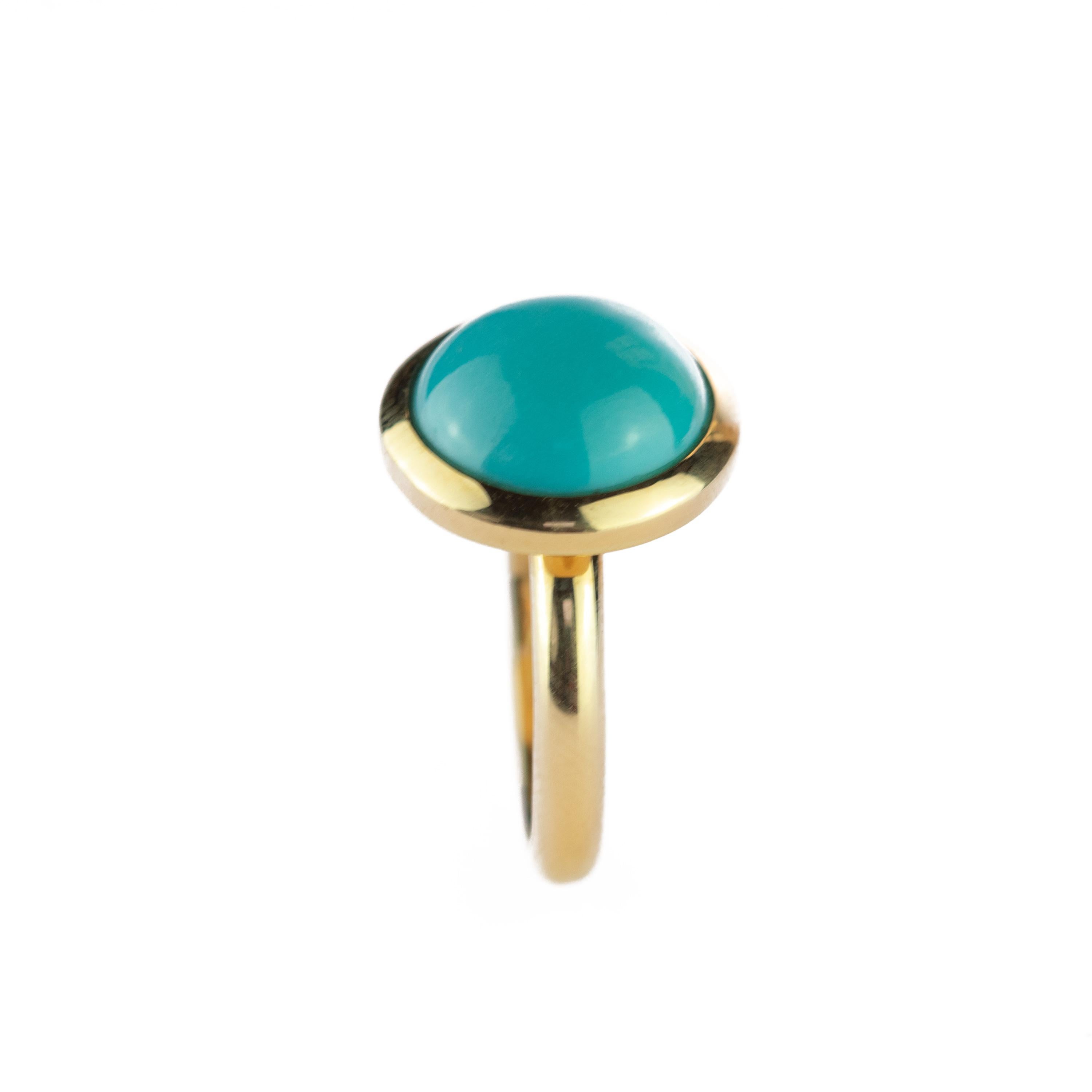 18 Karat Yellow Gold Natural Turquoise Round Cabochon Cocktail Solitaire Ring 4