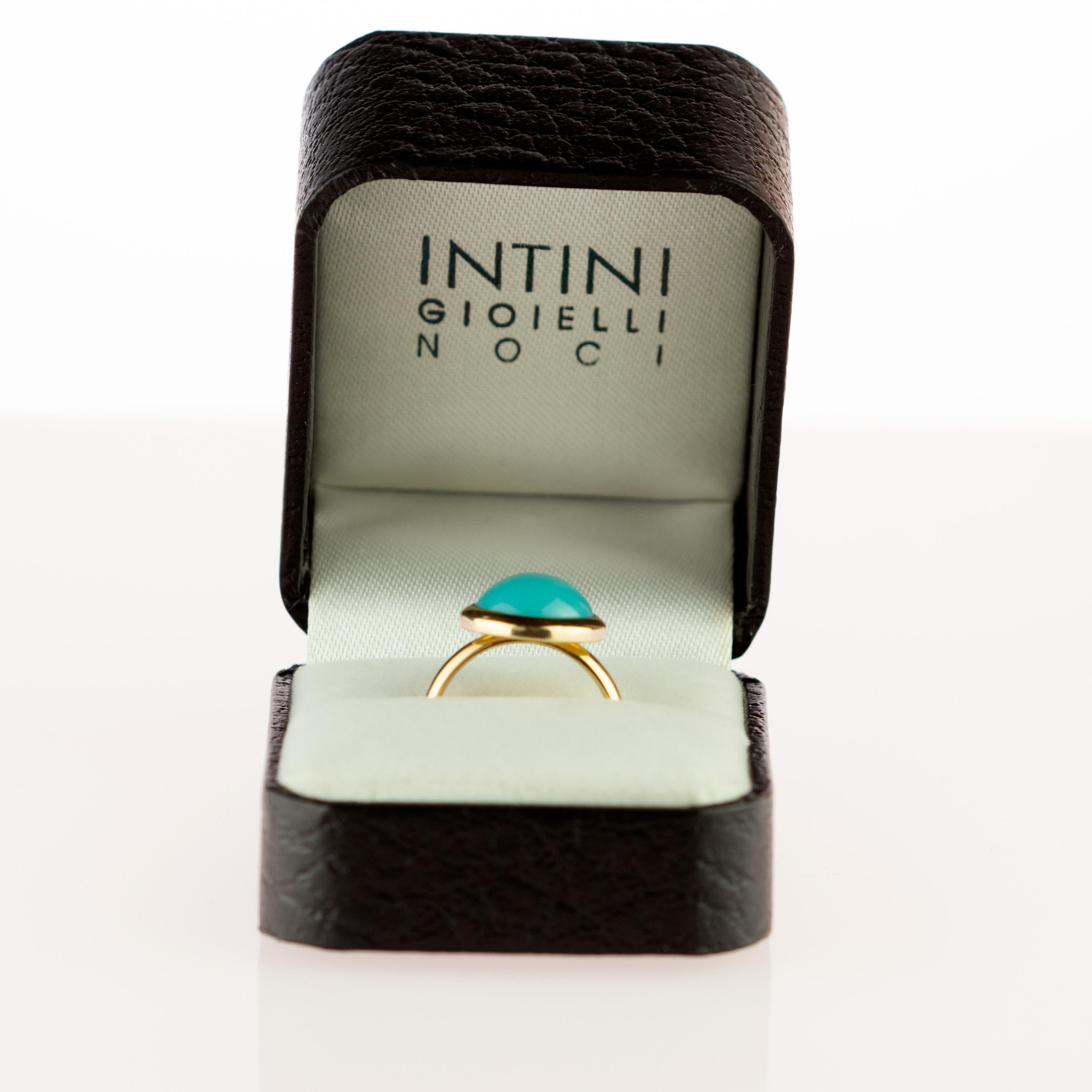 Magnificent ring with an exceptional art work, outstanding display of color and Italian craftsmanship designed by Intini Jewels. This unique ring has a natural round turquoise over a 18 karat yellow gold cocktail design.
 
This ring represents the