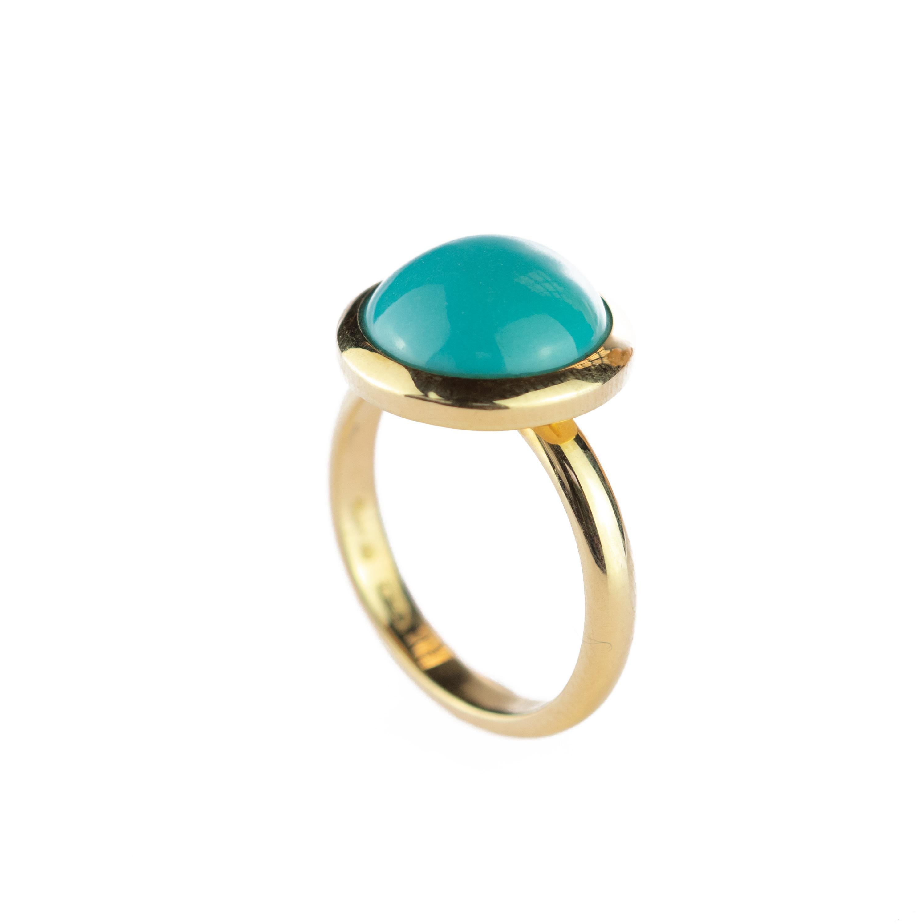 18 Karat Yellow Gold Natural Turquoise Round Cabochon Cocktail Solitaire Ring 3