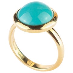 18 Karat Yellow Gold Natural Turquoise Round Cabochon Cocktail Solitaire Ring