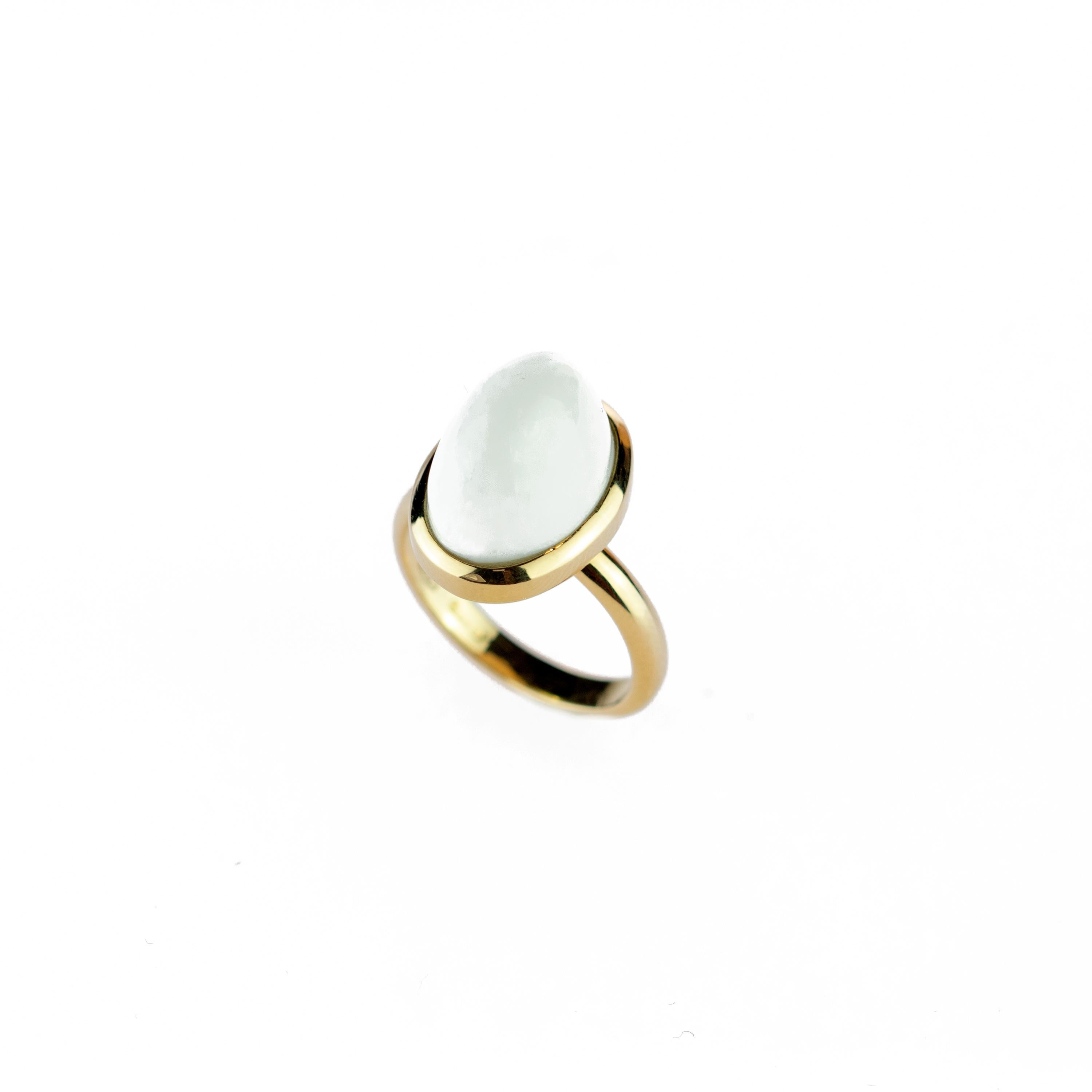 This minimalist design enhances a matte precious natural 11 carats agate cabochon. The 18 karat gold ring highlights the white color, surrounding into a glamorous and eccentric touch. 
 
This design is inspired by the simplicity of everyday life.