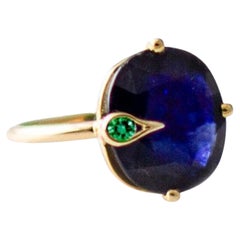 18 Karat Yellow Gold Nature Morte Style Peacock Ring with Blue Sapphire
