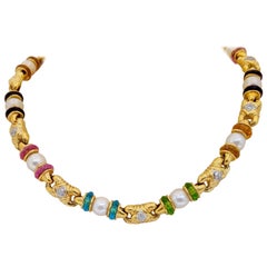 18 Karat Yellow Gold Necklace with Semi Precious Rondelles and Cultured Pearls