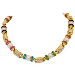 Retro 18 Karat Yellow Gold Necklace with Semi Precious Rondelles and Cultured Pearls