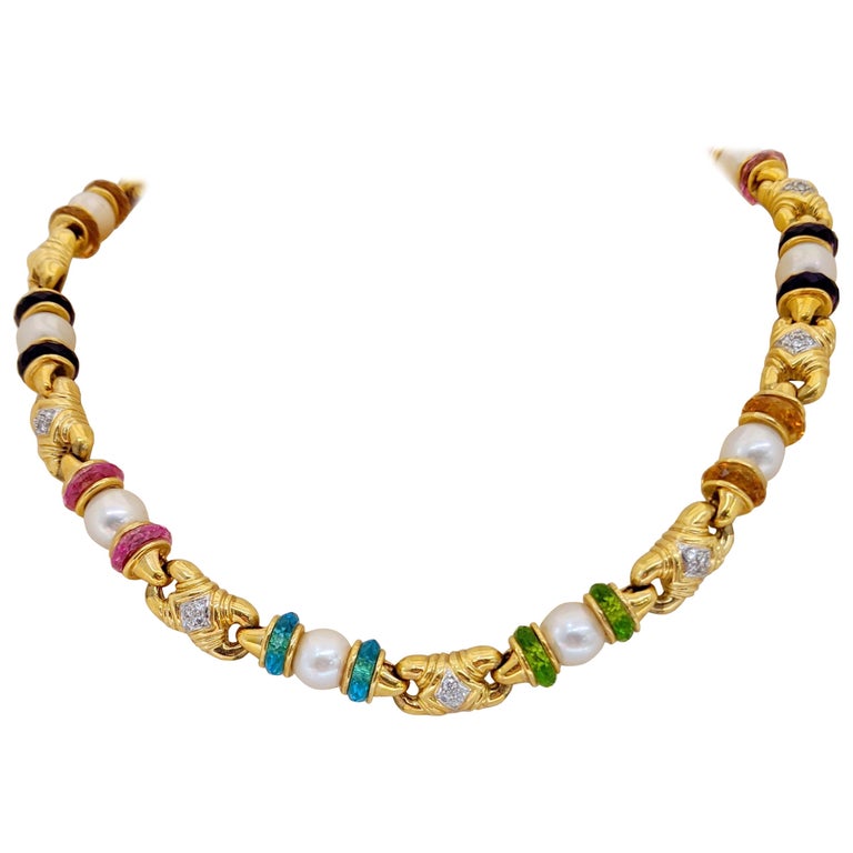 18 Karat Yellow Gold Necklace with Semi Precious Rondelles and Cultured Pearls For Sale