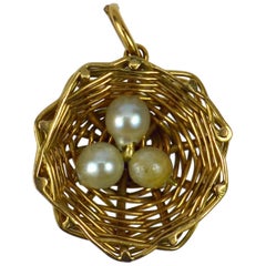 18 Karat Yellow Gold Nest with Pearl Eggs Charm Pendant