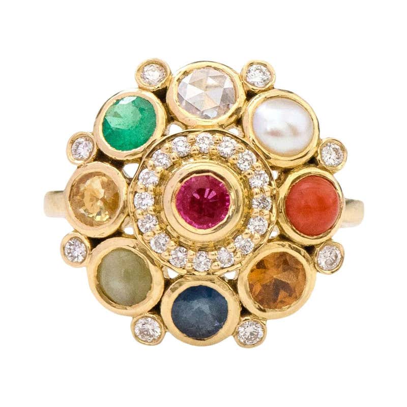 Nine Blue Rings 22 Karat Gold Nine Precious Gems Cocktail Ring with Blue Enamel Work ...