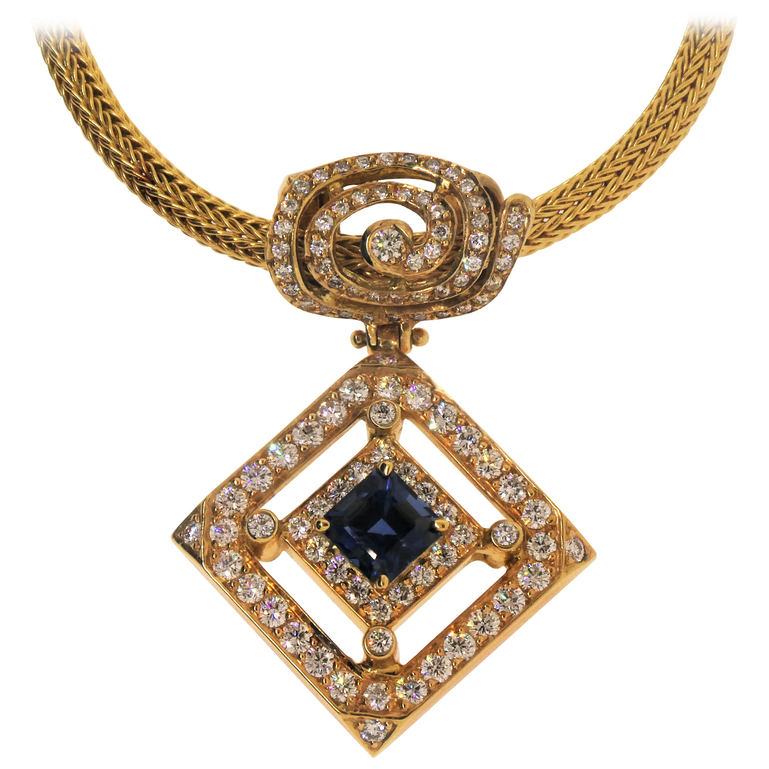 18 Karat Yellow Gold "No Heat" Sapphire ‘2.25 Carat’ and Diamond Pendant