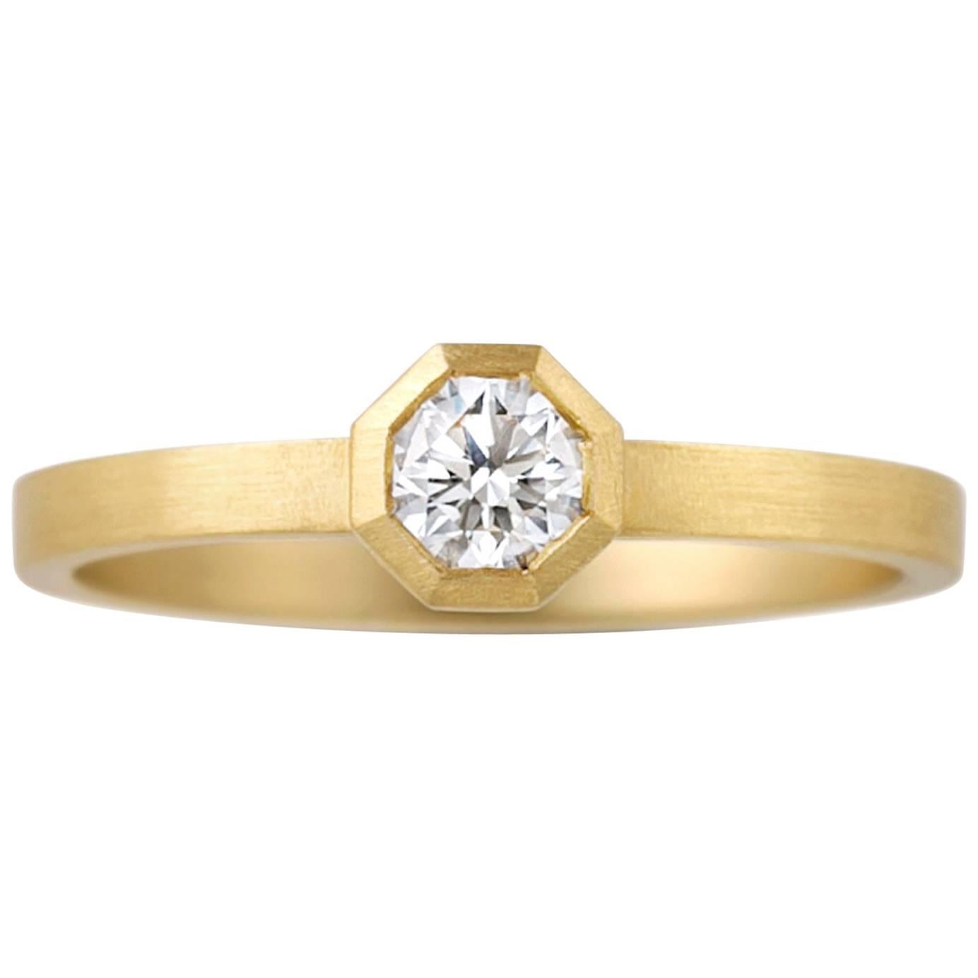 18 Karat Yellow Matte.Gold Octagon White Diamond Ring For Sale