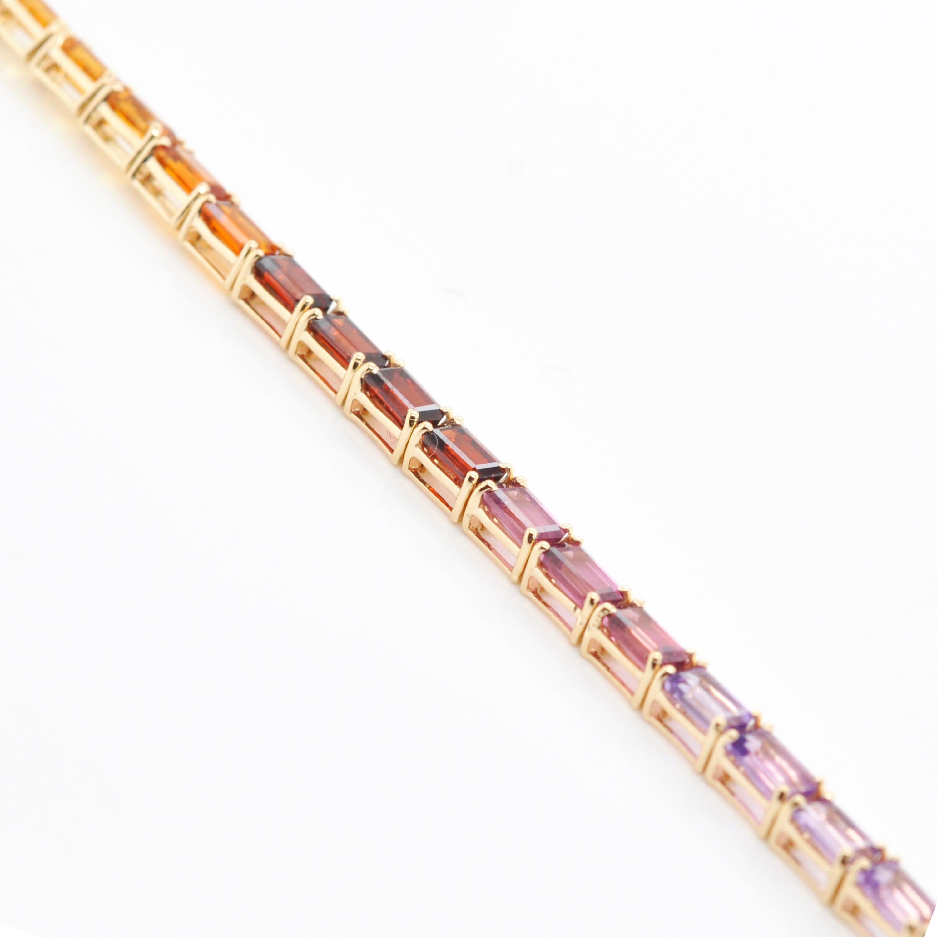 18 Karat Yellow Gold Octagon Rainbow Gemstones Tennis Line Bracelet For Sale 3