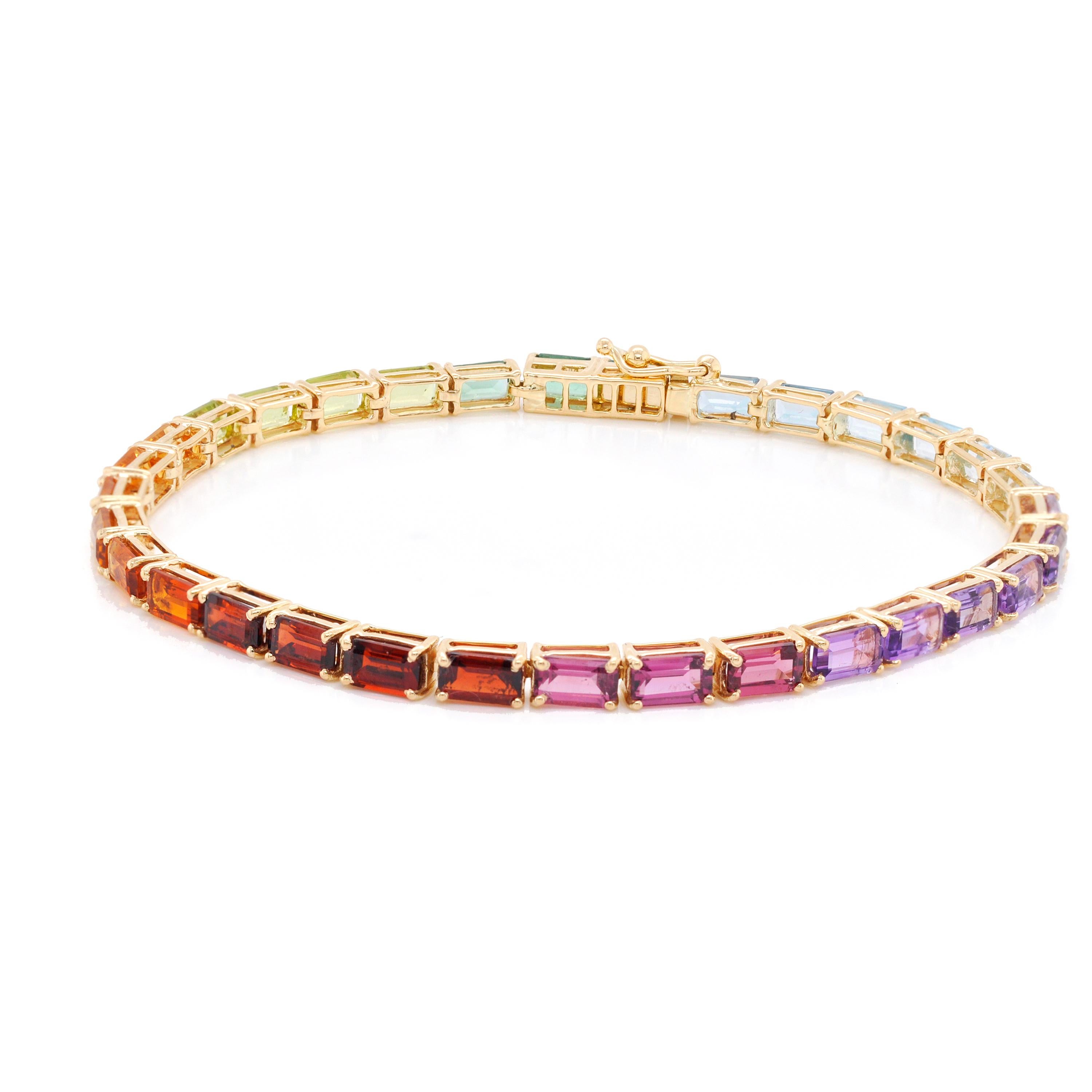 18 Karat Yellow Gold Octagon Rainbow Gemstones Tennis Line Bracelet For Sale 4