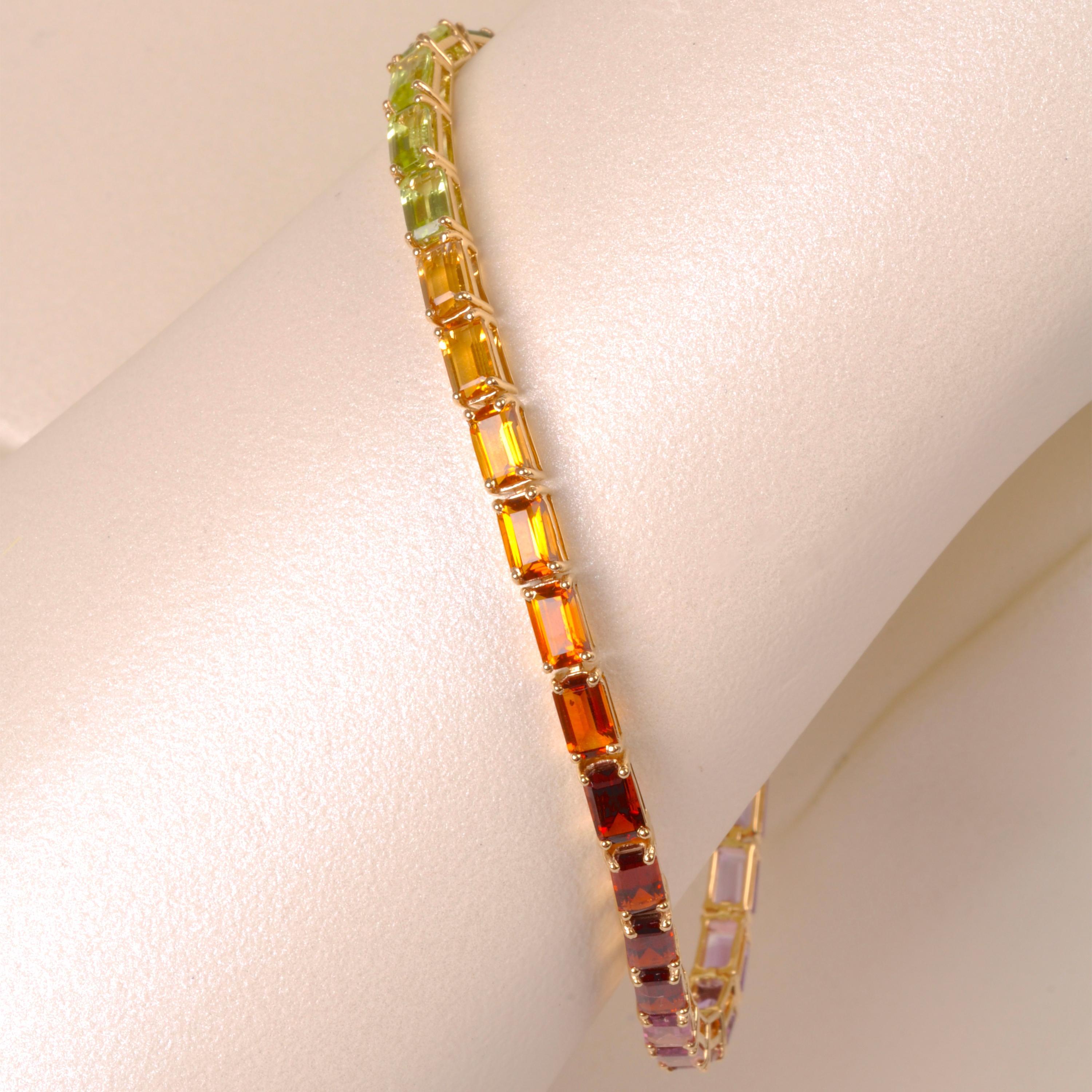 Women's 18 Karat Yellow Gold Octagon Rainbow Gemstones Tennis Line Bracelet For Sale