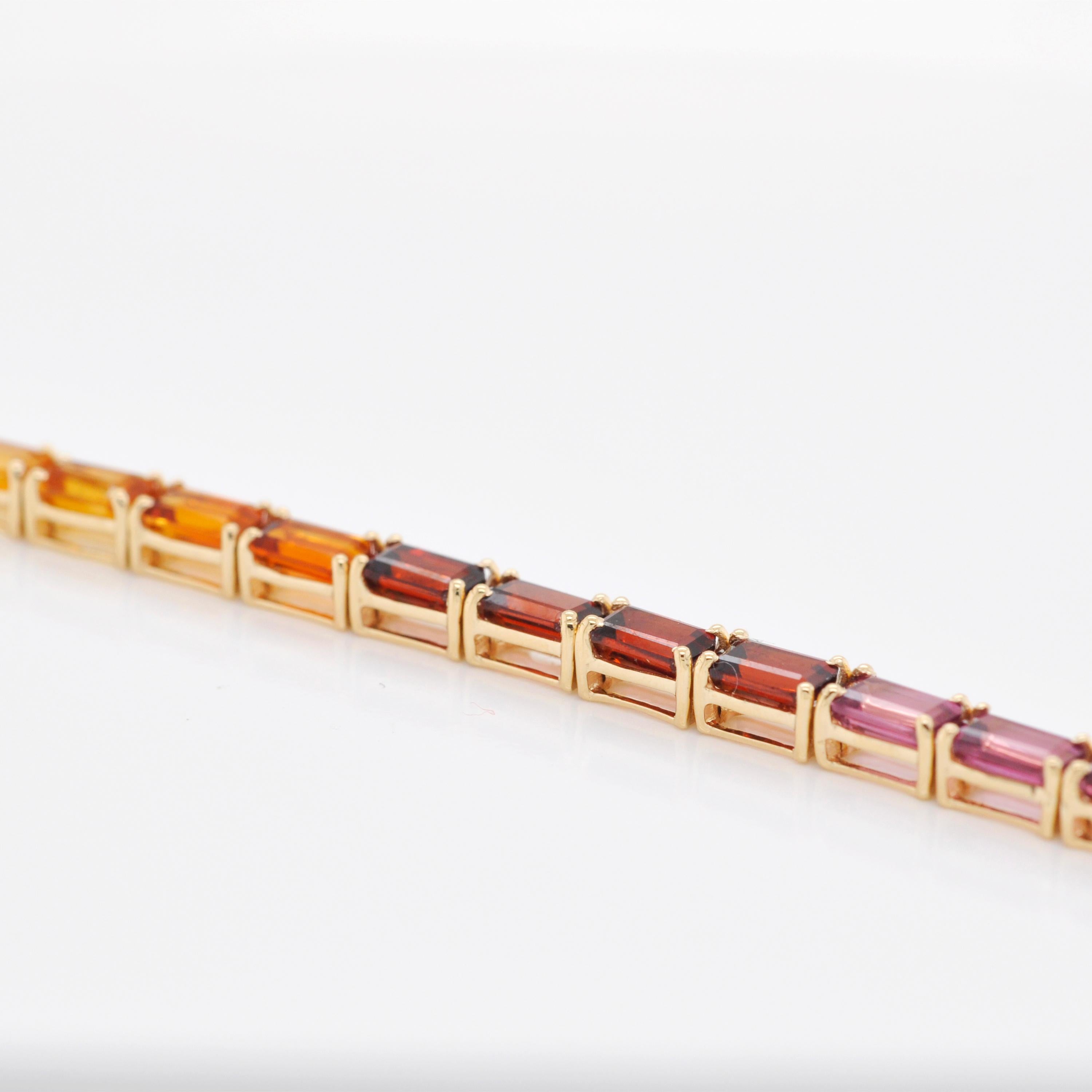 18 Karat Yellow Gold Octagon Rainbow Gemstones Tennis Line Bracelet For Sale 1