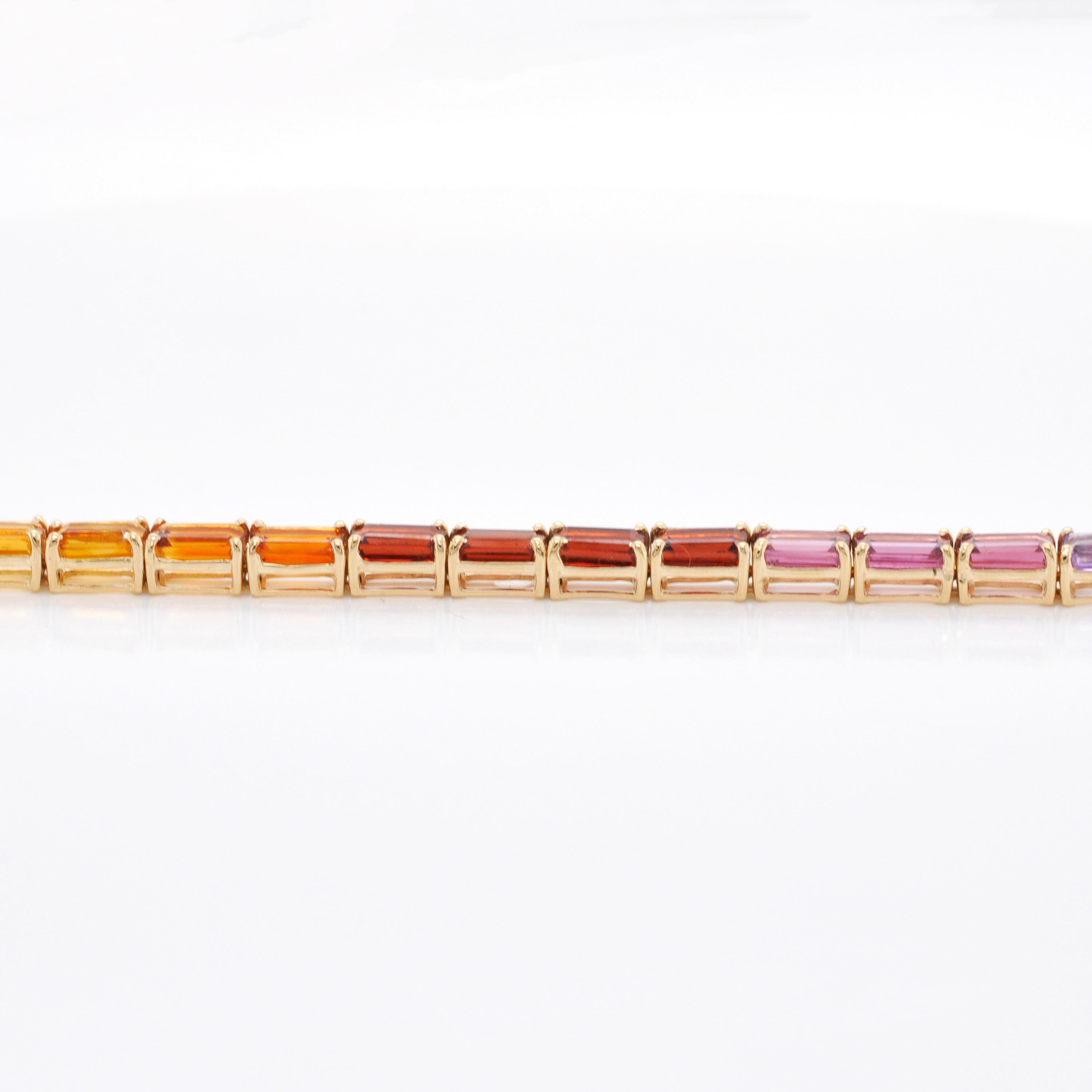 18 Karat Yellow Gold Octagon Rainbow Gemstones Tennis Line Bracelet For Sale 2