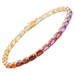 18 Karat Yellow Gold Octagon Rainbow Gemstones Tennis Line Bracelet