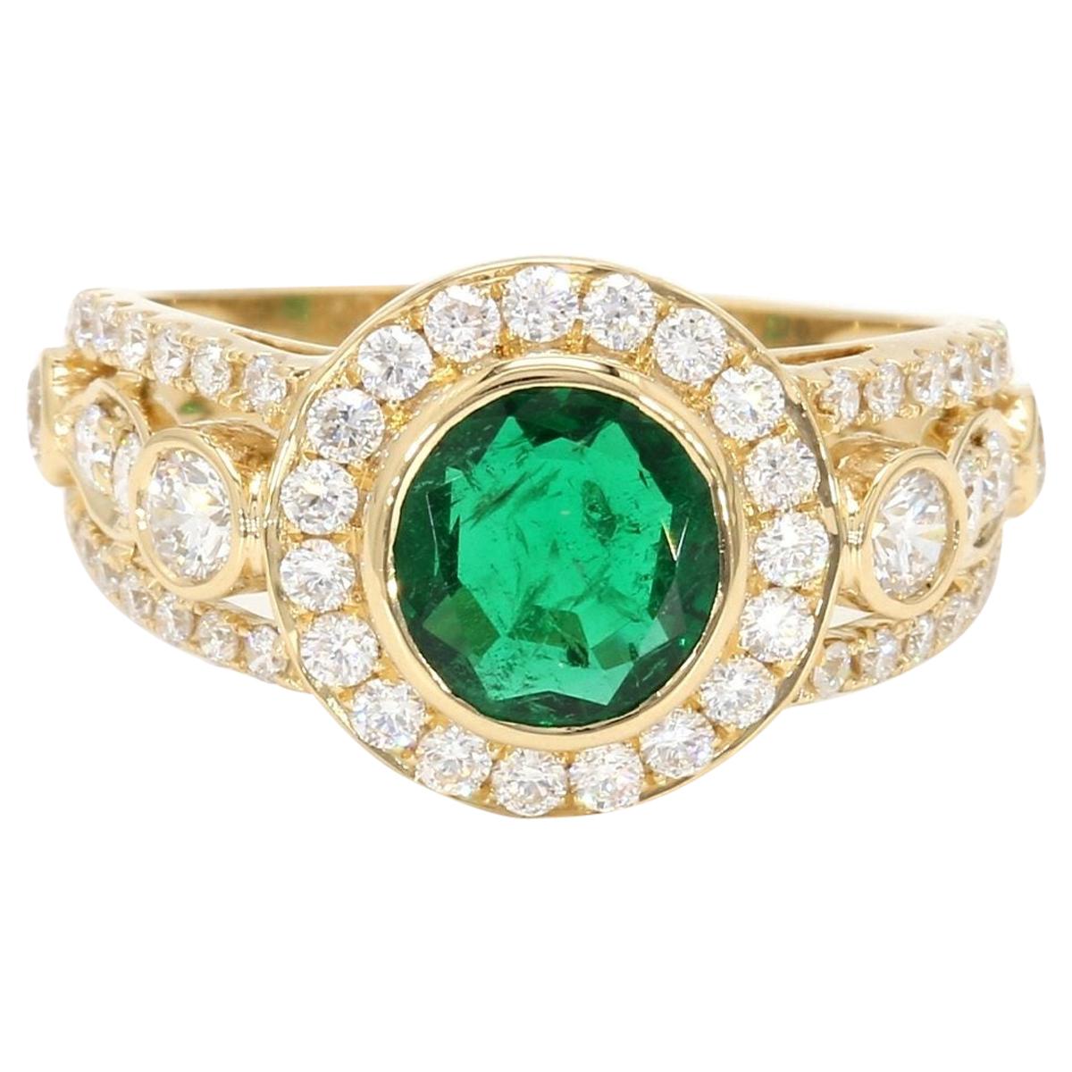 18 Karat Yellow Gold Old Mined Sandwana 1.27 Carat Emerald Halo Diamond Ring