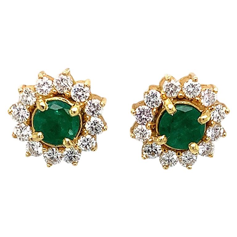18 Karat Yellow Gold One Carat Emerald and Diamond Stud Earrings For ...