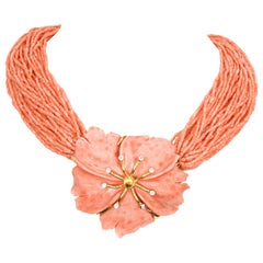 18 Karat Yellow Gold One of a Kind Coral and Diamond Flower MultiStrand Necklace