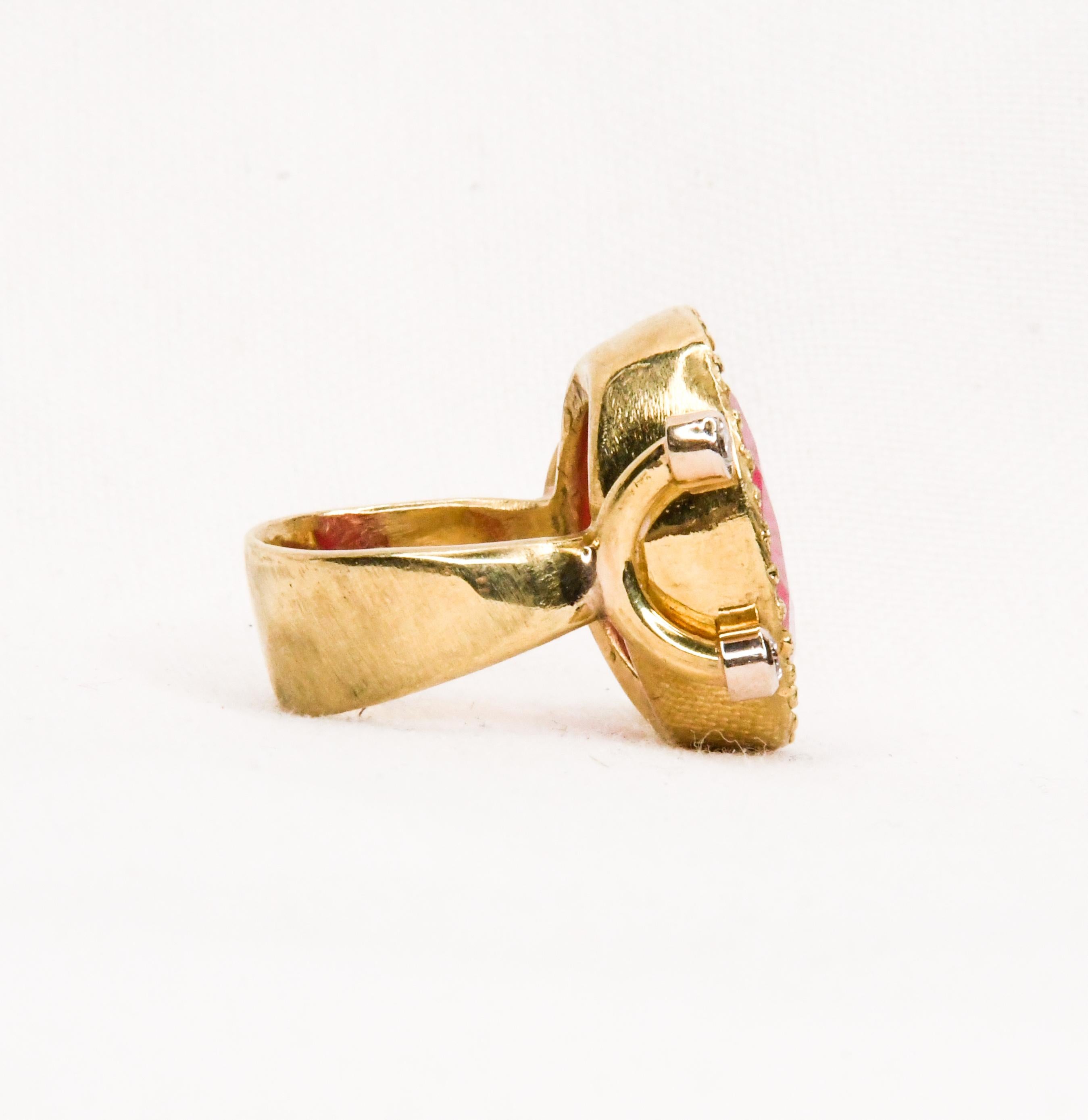 Artisan 18 Karat Yellow Gold One of a Kind Ruby and Diamond Ring For Sale