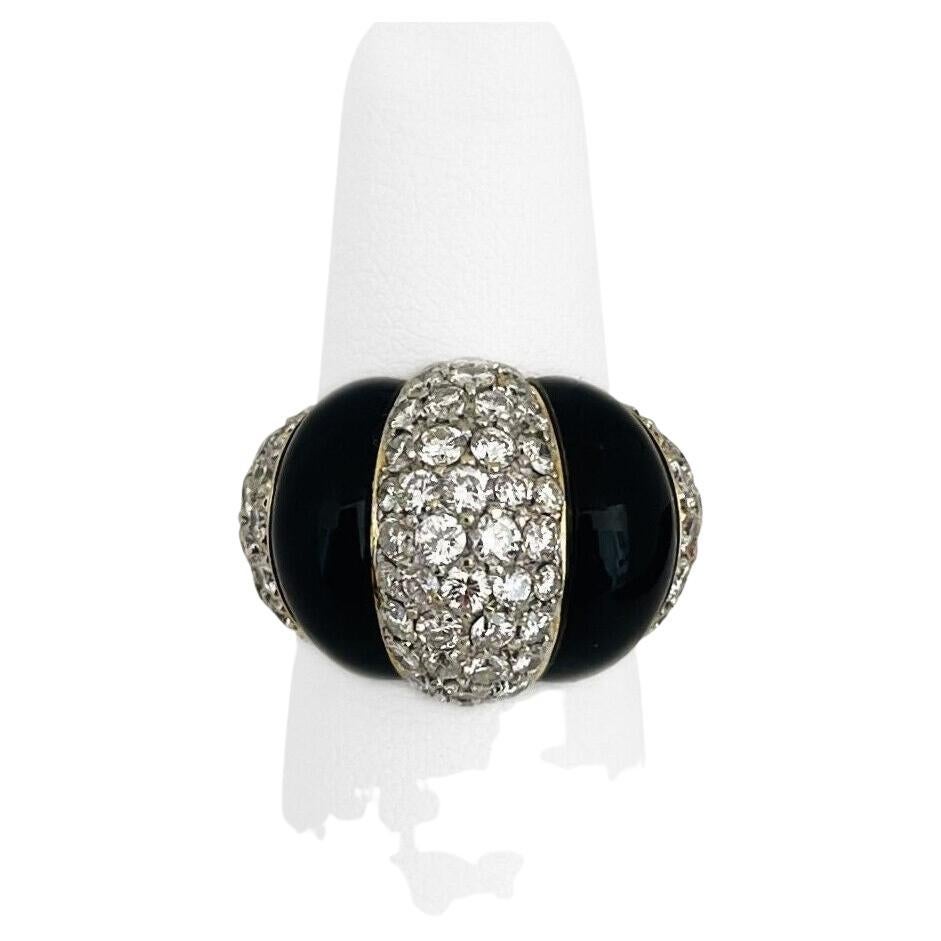 18 Karat Yellow Gold Onyx and Diamond Bombe Ring For Sale
