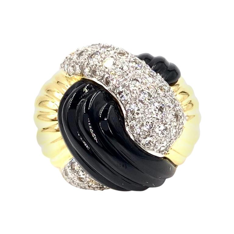 18 Karat Yellow Gold Onyx and Diamond Twist Ring