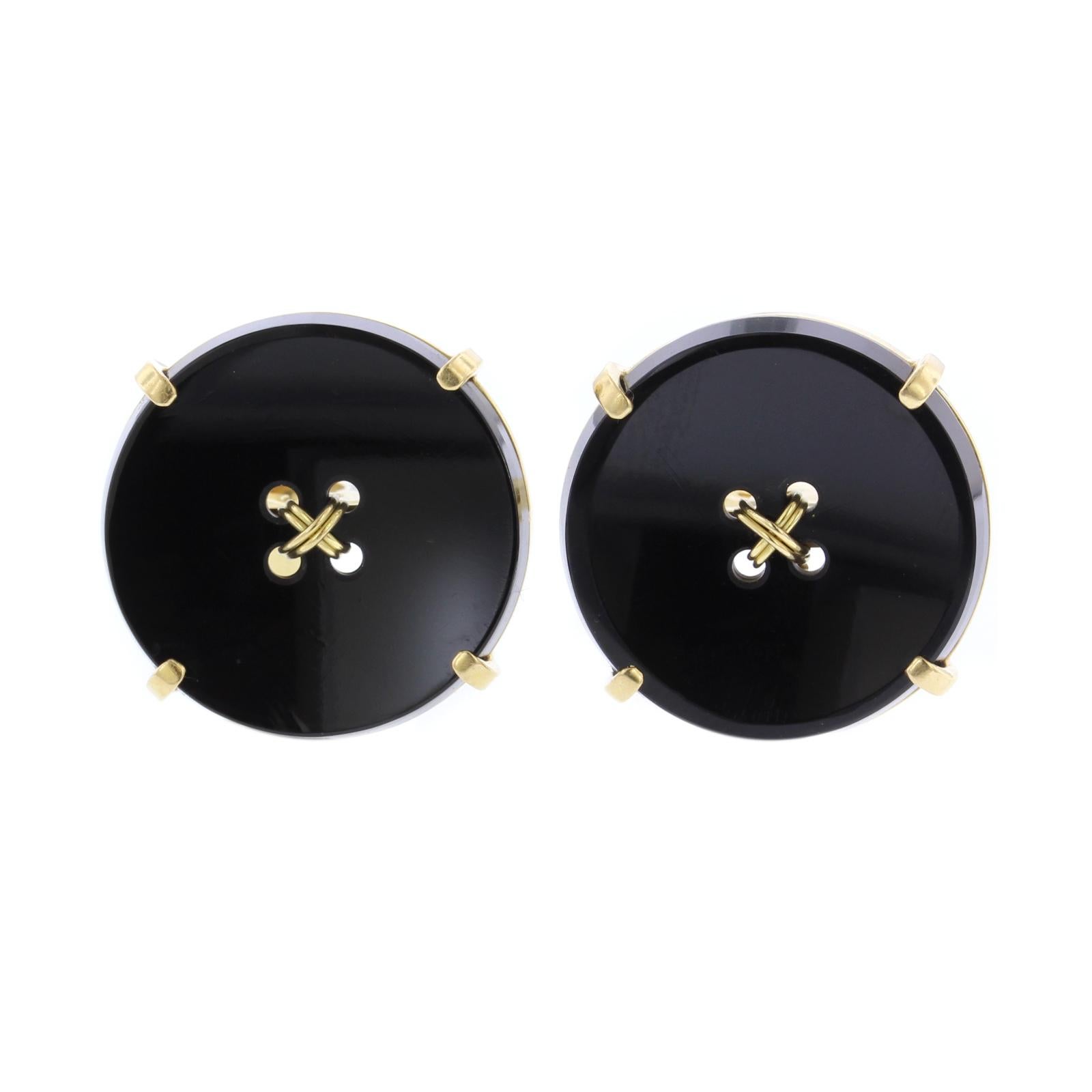 18 Karat Yellow Gold Onyx Button Cufflinks, Italy