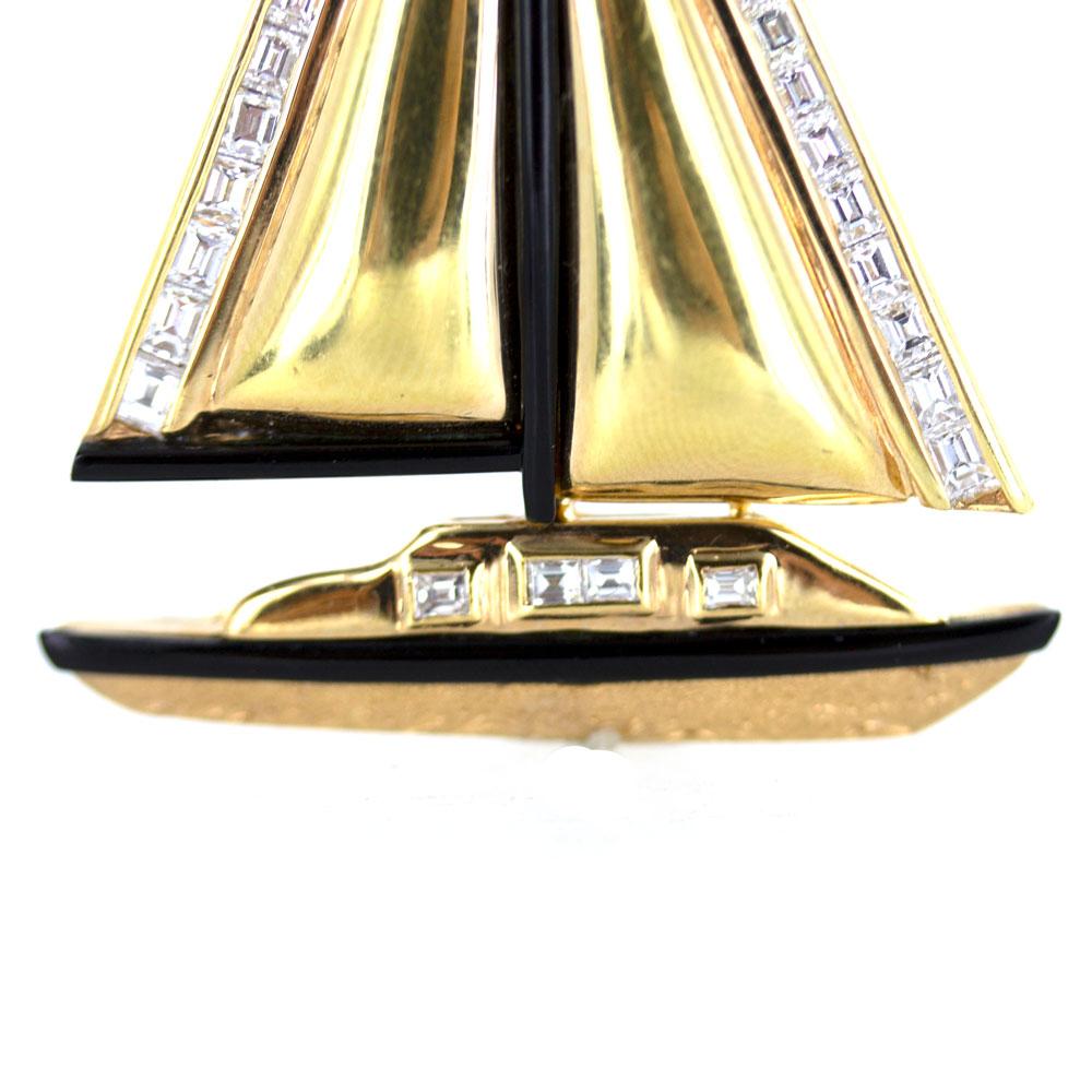 18 Karat Gelbgold Onyx Diamant Segelboot Anhänger Pin 1