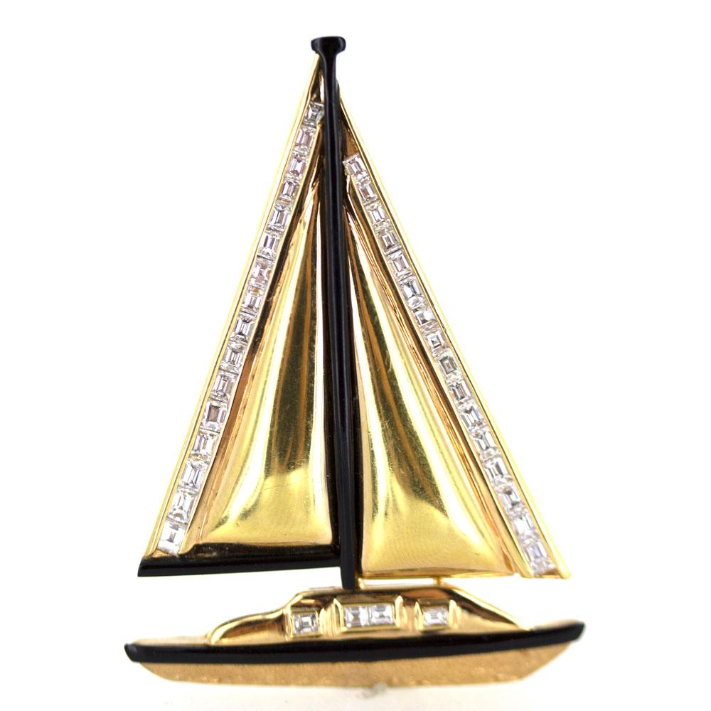 18 Karat Gelbgold Onyx Diamant Segelboot Anhänger Pin 2