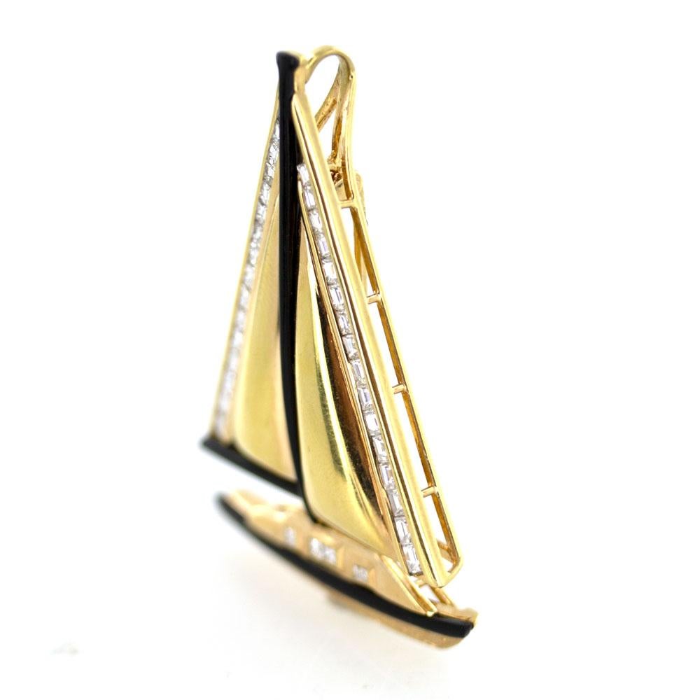18 Karat Gelbgold Onyx Diamant Segelboot Anhänger Pin 3
