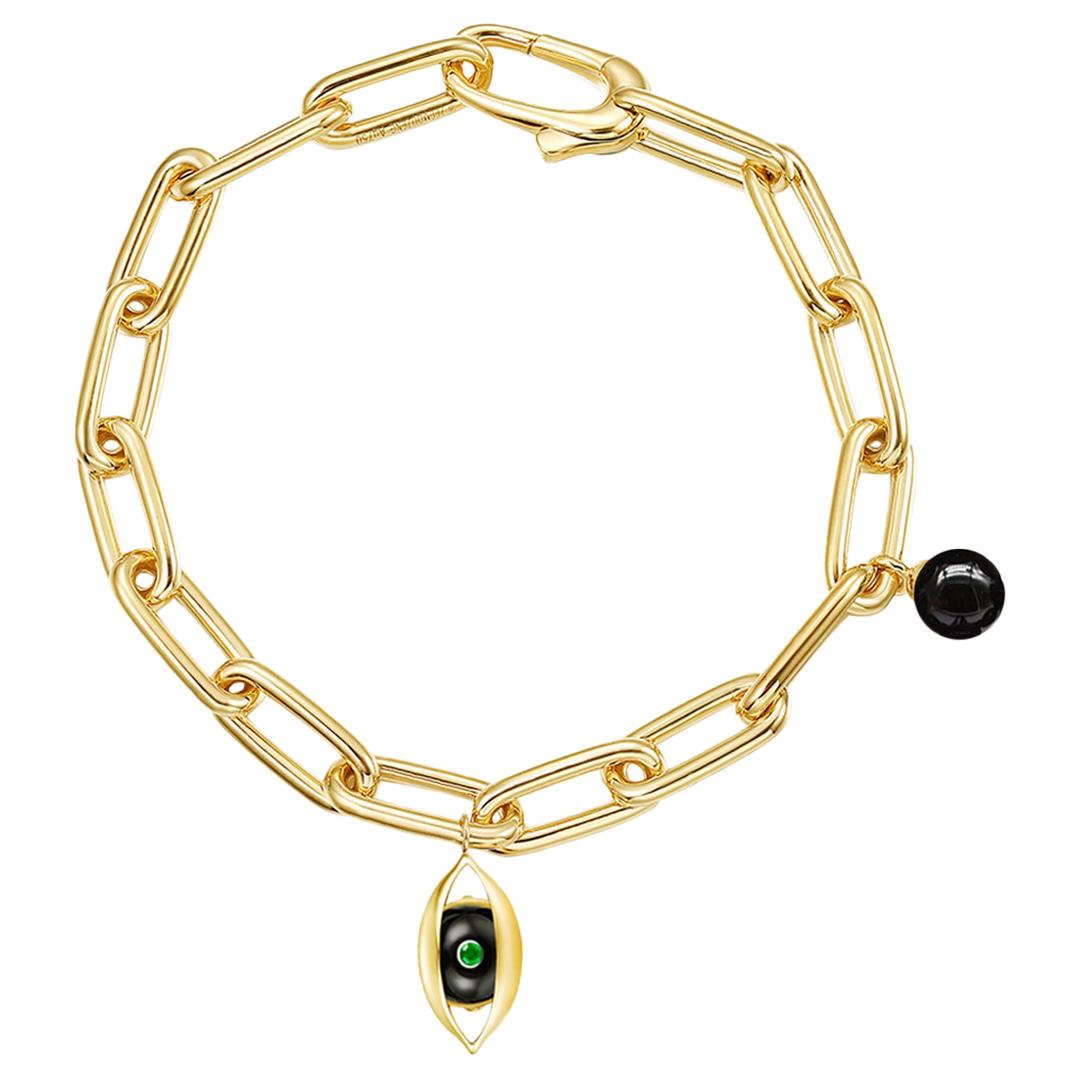 Eye Unisex Chain Bracelet 18 Karat Yellow Gold Onyx Emerald Diamond For Sale
