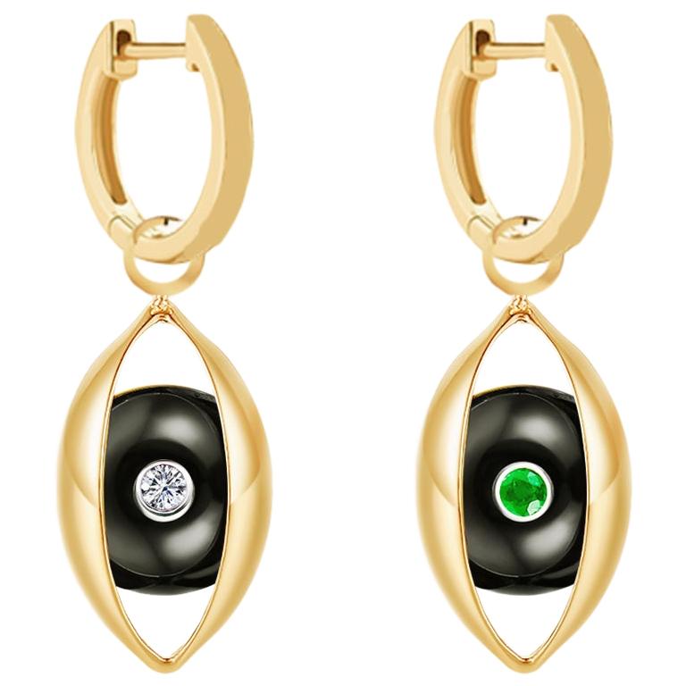 Eye Unisex Hoop Earrings 18 Karat Yellow Gold Black Onyx Emerald Diamond For Sale