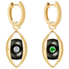 Eye Unisex Hoop Earrings 18 Karat Yellow Gold Black Onyx Emerald Diamond