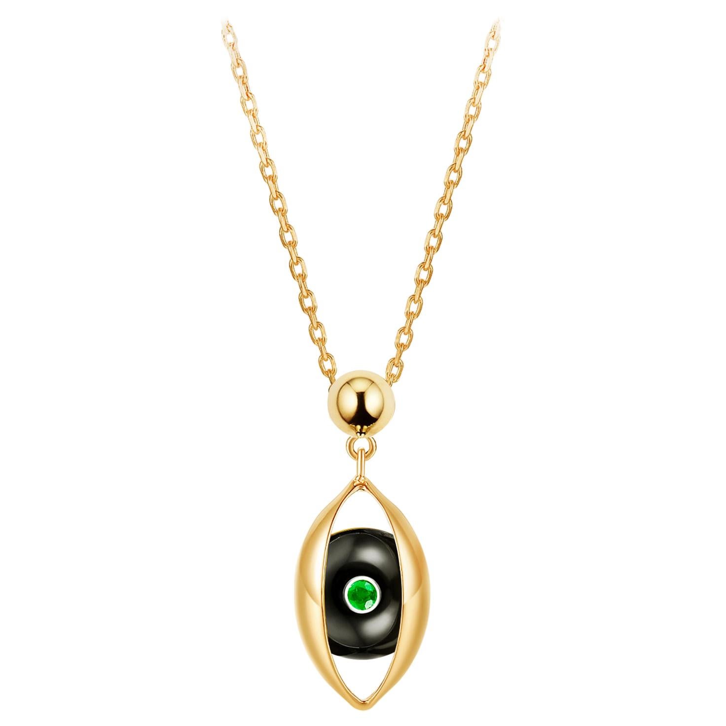 Eye Unisex Pendant Necklace 18 Karat Yellow Gold Black Onyx Emerald Diamond For Sale