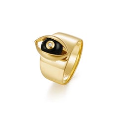 Eye Unisex Ring 18 Karat Yellow Gold Black Onyx Emerald White Diamond