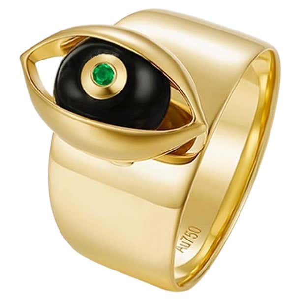Eye Unisex Ring 18 Karat Yellow Gold Black Onyx Emerald White Diamond ...