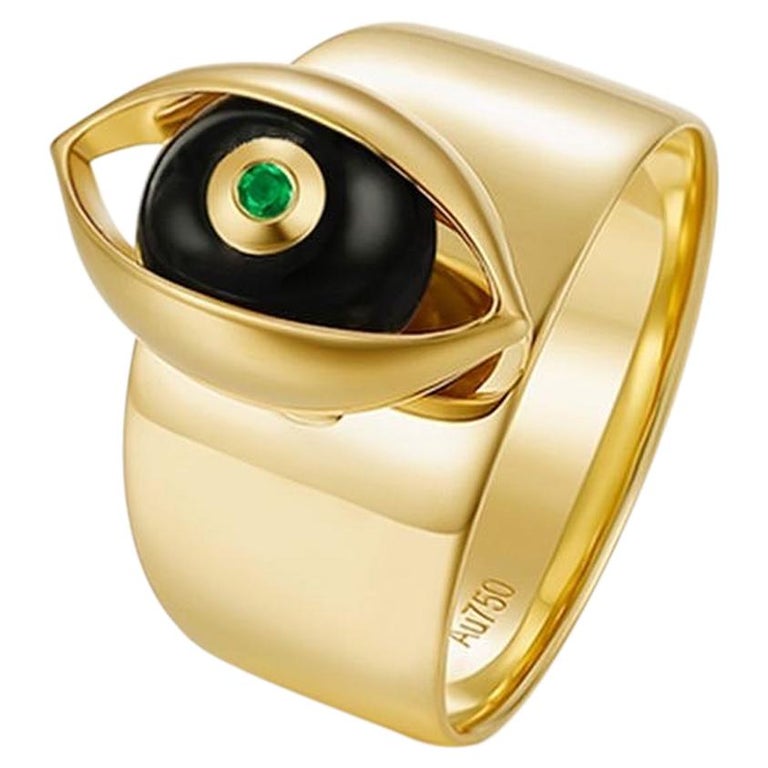 Eye Unisex Ring 18 Karat Yellow Gold Black Onyx Emerald White Diamond For Sale