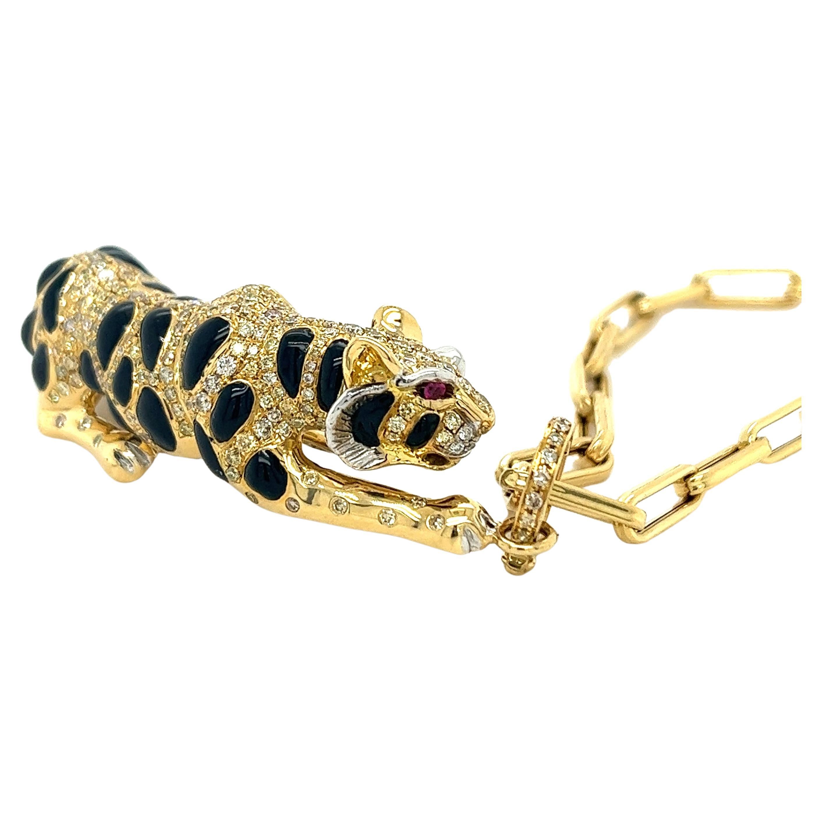 18 Karat Yellow Gold Onyx & Fancy Diamond Tiger Necklace For Sale