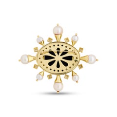 18 Karat Yellow Gold Onyx Intaglio, Cultured Pearl and Diamond Pin