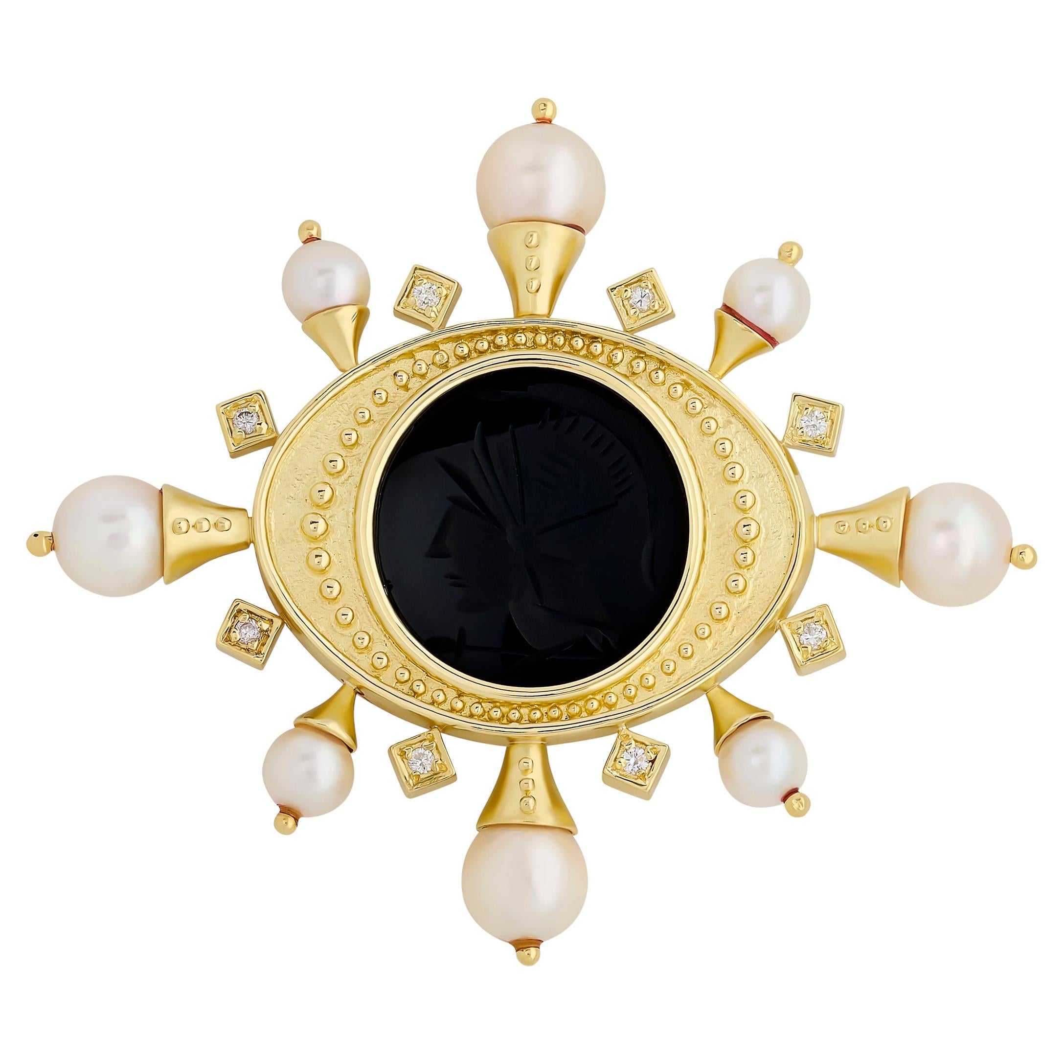 18 Karat Yellow Gold Onyx Intaglio, Cultured Pearl and Diamond Pin