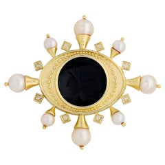18 Karat Yellow Gold Onyx Intaglio, Cultured Pearl and Diamond Pin
