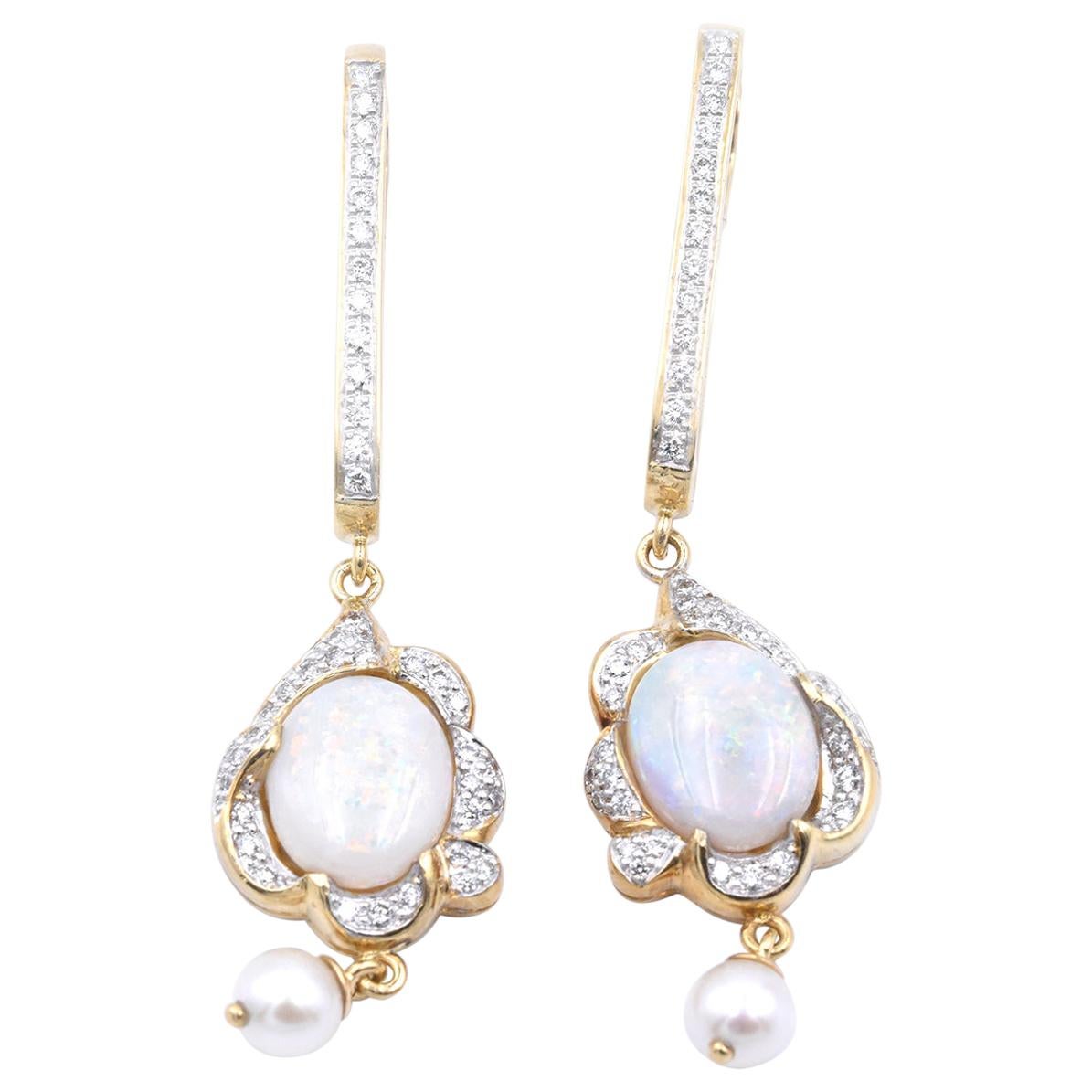 18 Karat Yellow Gold Opal and Diamond Dangle Earrings For Sale