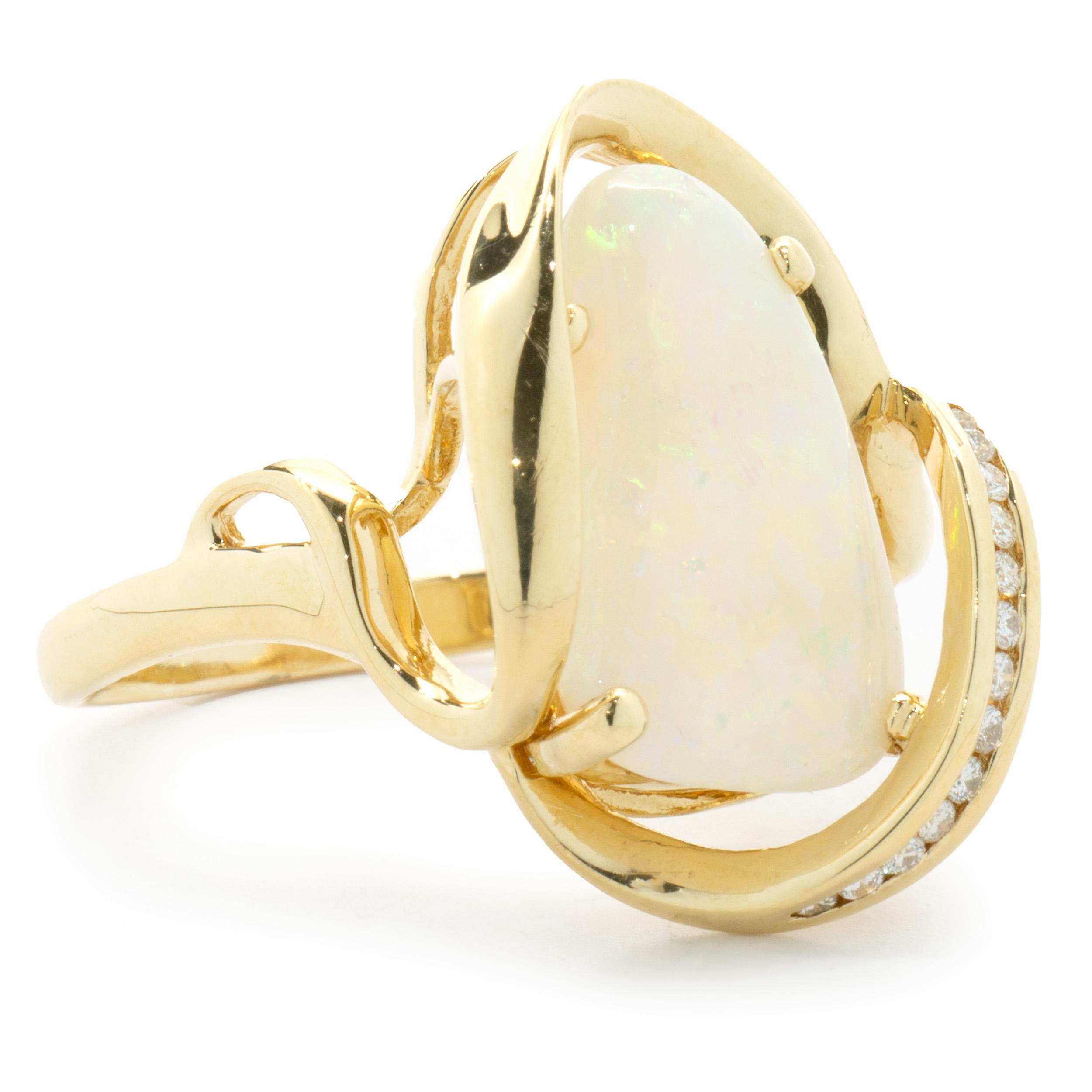 Round Cut 18 Karat Yellow Gold Opal and Diamond Freeform Ring For Sale