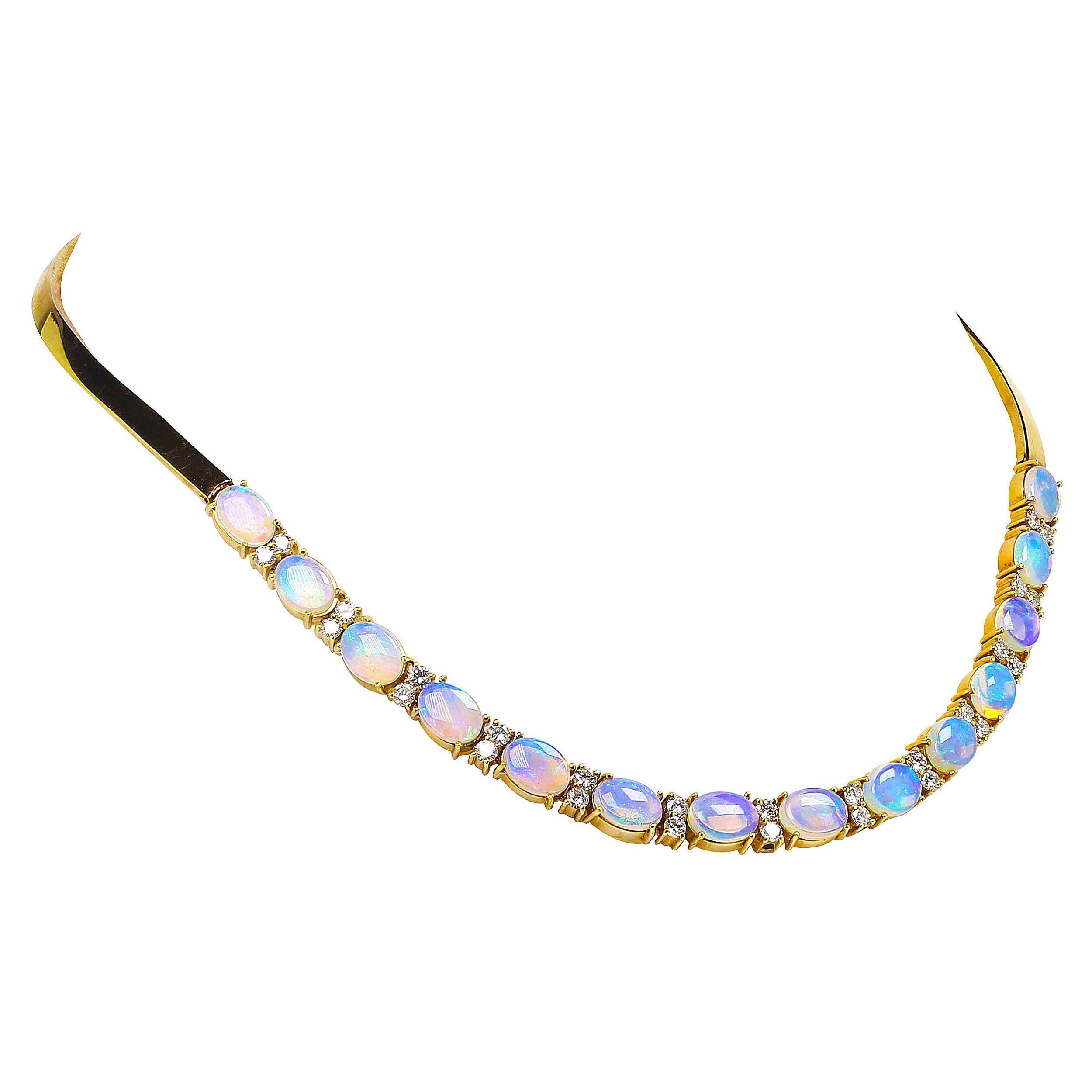 18 Karat Yellow Gold Opal and Diamond Necklace