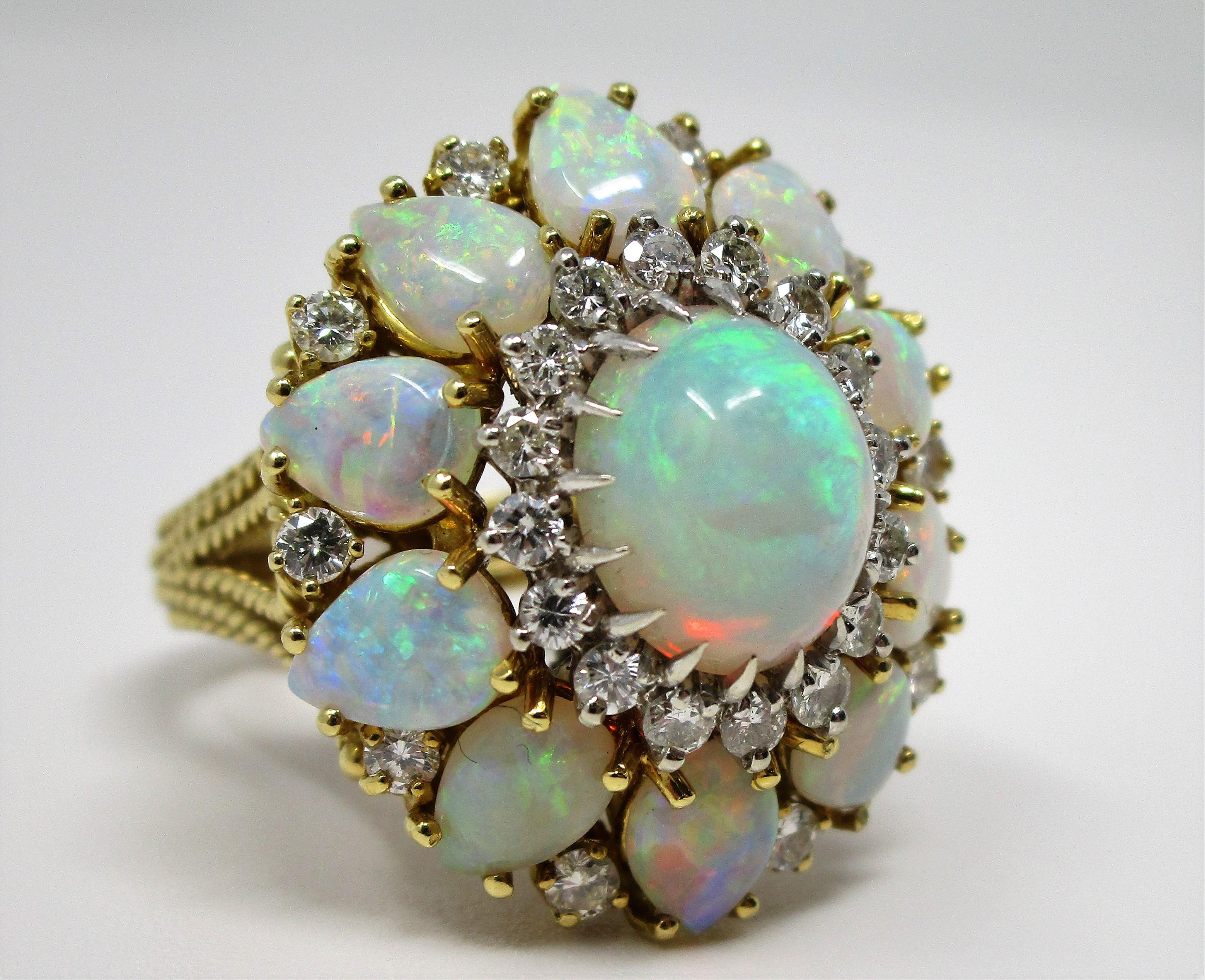 Modern 18 Karat Yellow Gold Opal and Diamond Ring For Sale